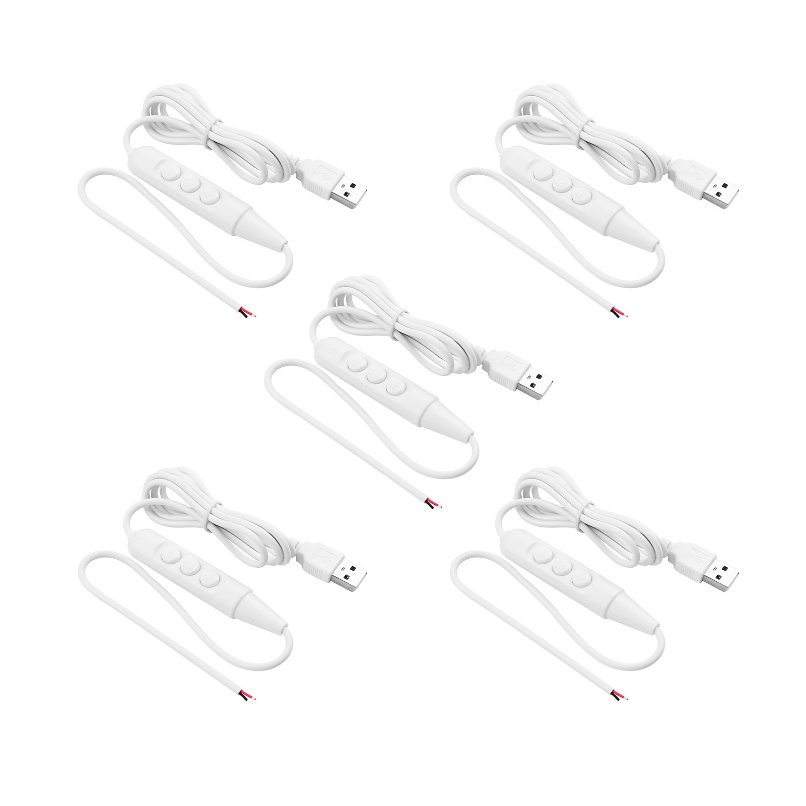 5Pcs USB Cable, 6-Speed Dimming Switch, Stripped Ends, 1.5M/4.9FT, White