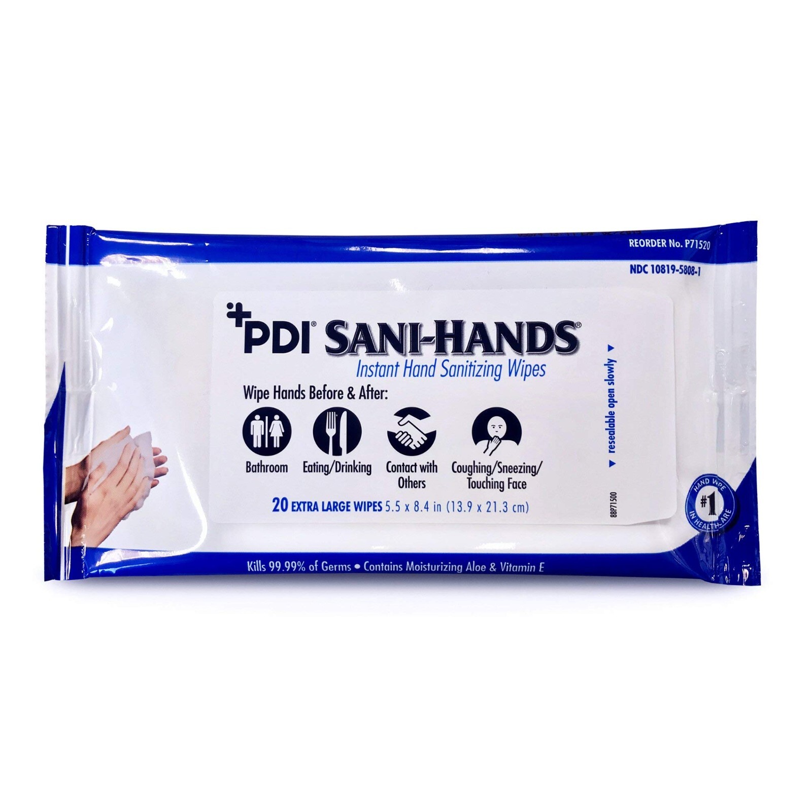 *48-Pack* PDI Sani-Hands 20 Hand Wipes Ethyl Alcohol 5.5" x 8.4" P71520