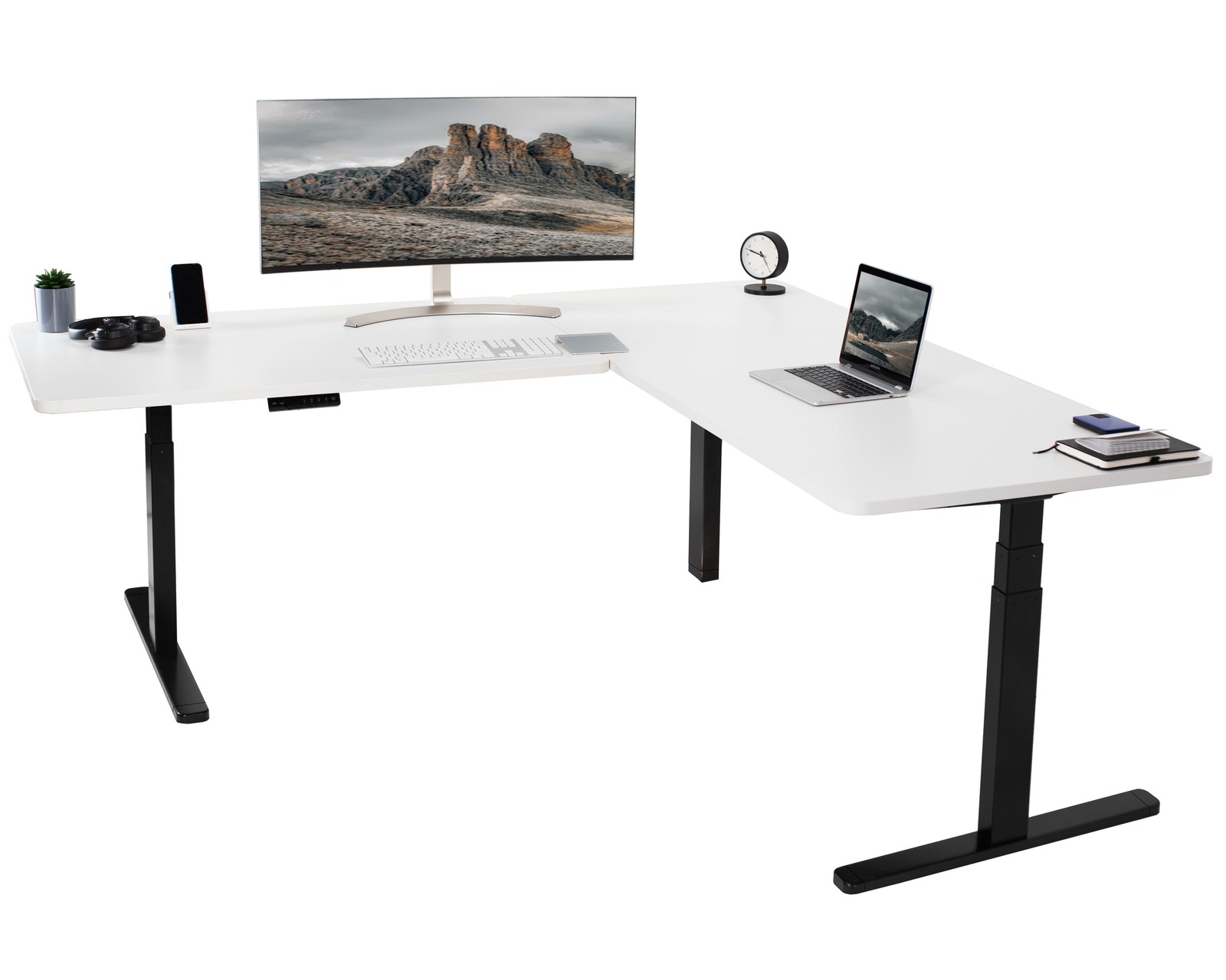 VIVO Electric 77" x 71" Corner Stand Up Desk, White Table Tops, Black Frame