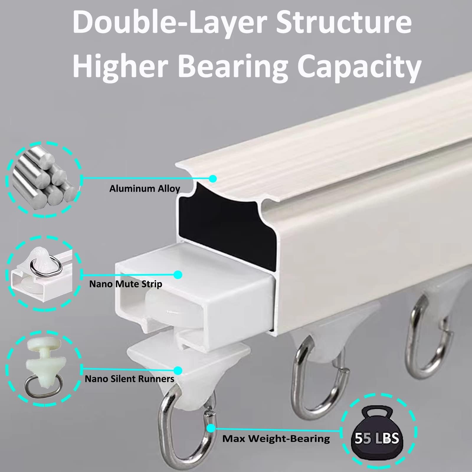 6ft Ceiling Track for Curtains, Never Rust & Enough Rollers and Hooks & Slide