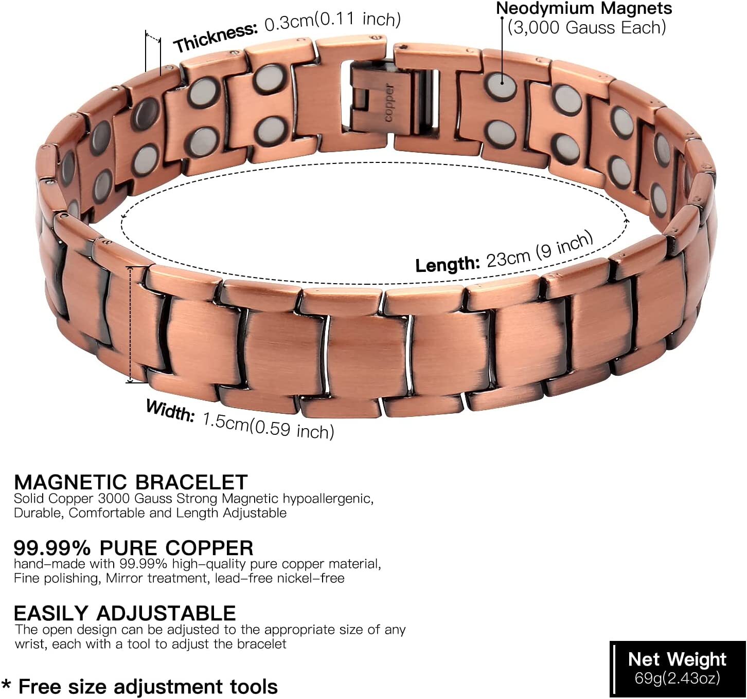 Men's Copper Magnetic Bracelet Solid Copper Bangle Adjustable Jewelry Gifts