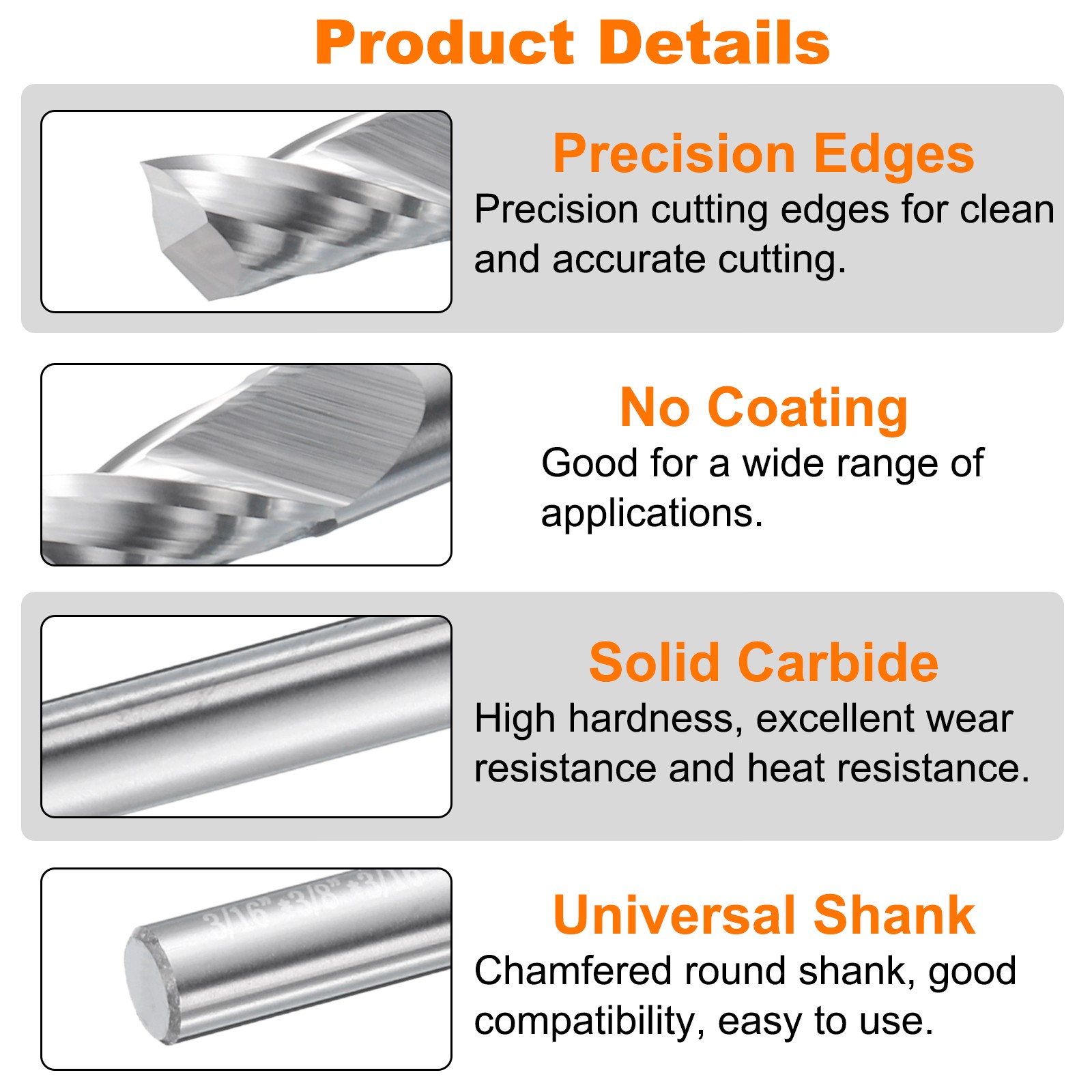 Spiral Router Bit 3/16"x3/8"x3/16"x2" 1 Flute Solid Carbide CNC End Mill