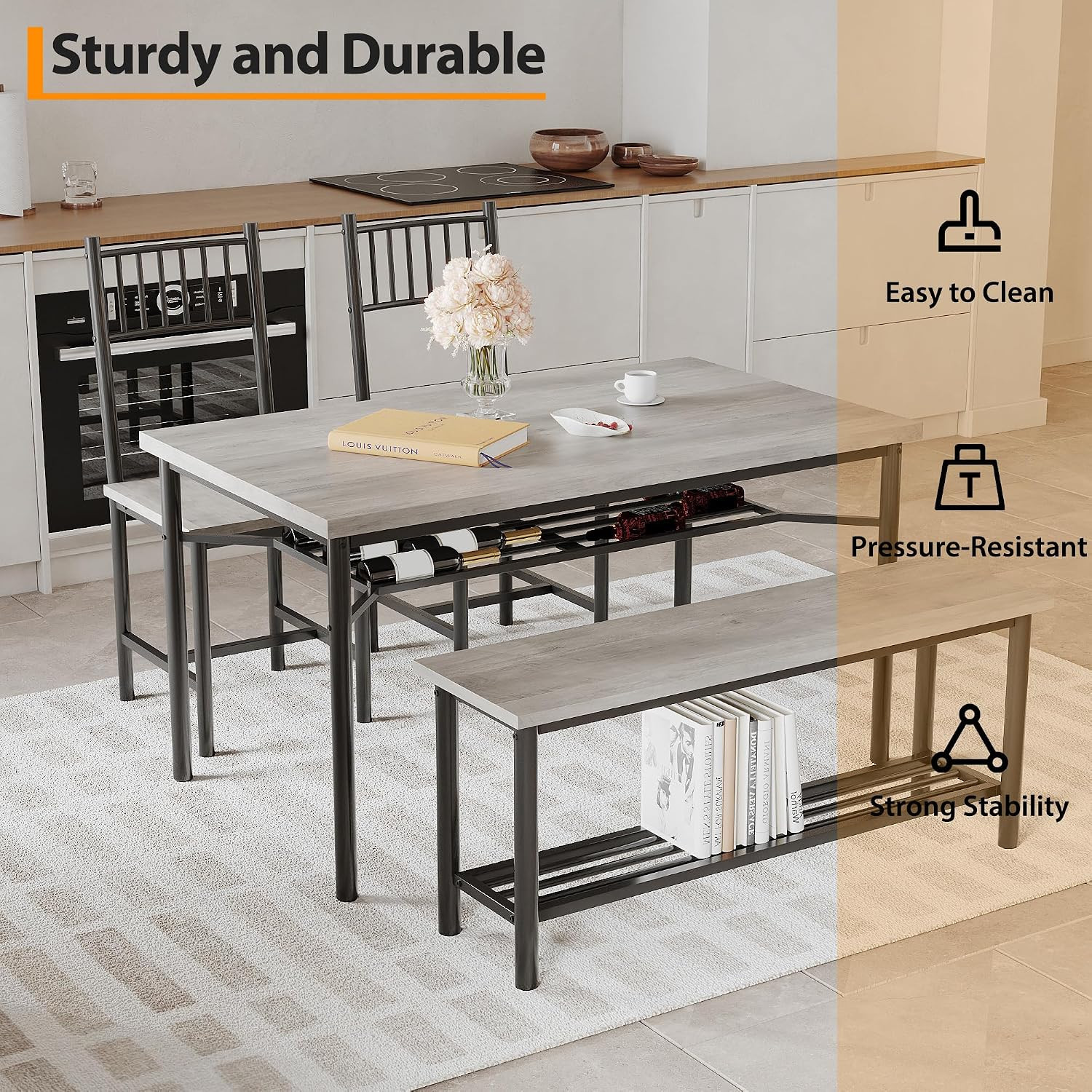 Farmhouse Dining Table Set for 4,Rectangular Kitchen Table with 2 Upholstered Ch