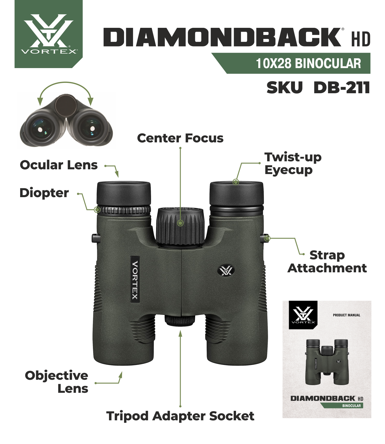 Vortex Optics Diamondback HD 10x28 Binocular with Free Camo Forest Hat Bundle