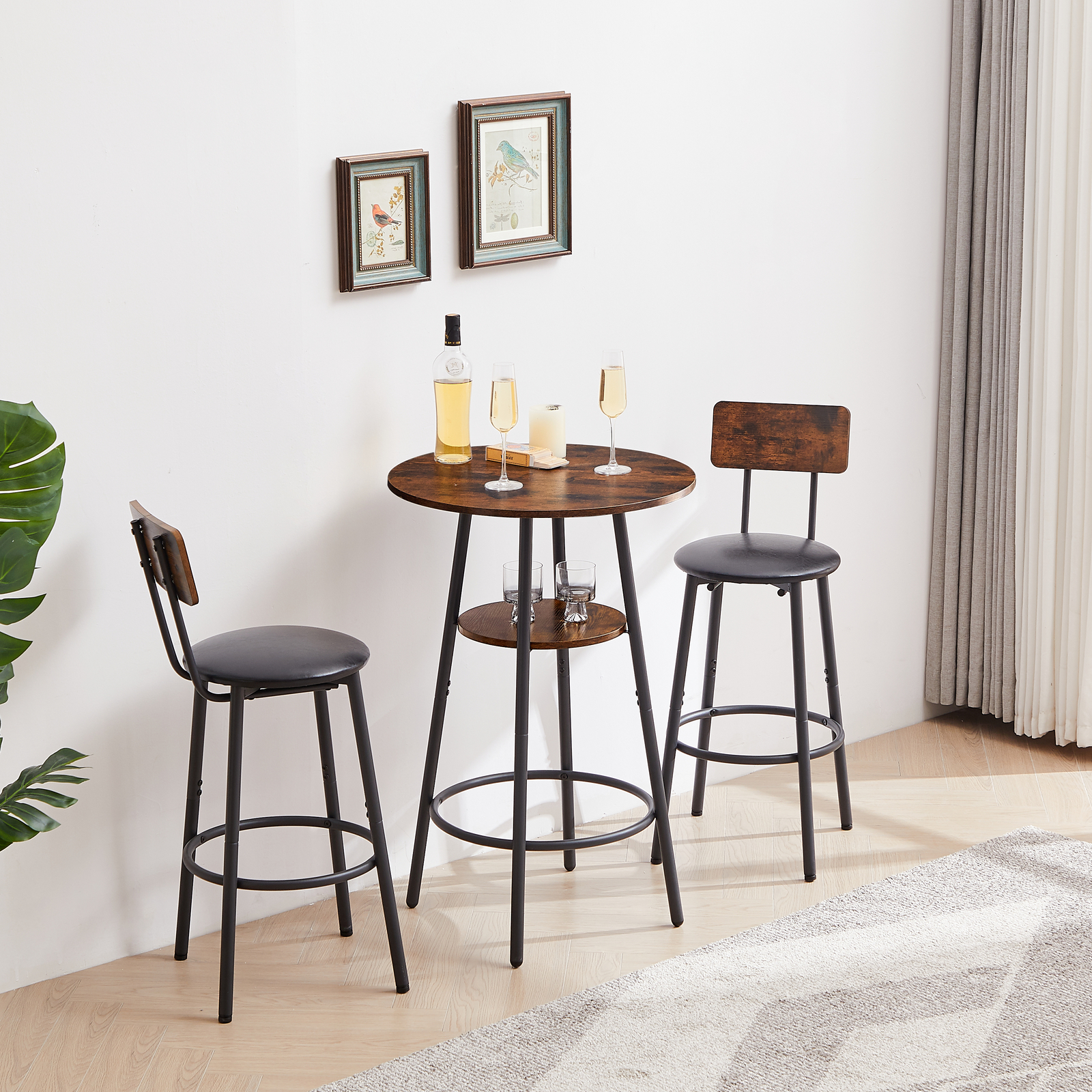 3PCS Industrial Bar Table Chairs Set Pub Table and 2 PU Upholstered Stool Chairs