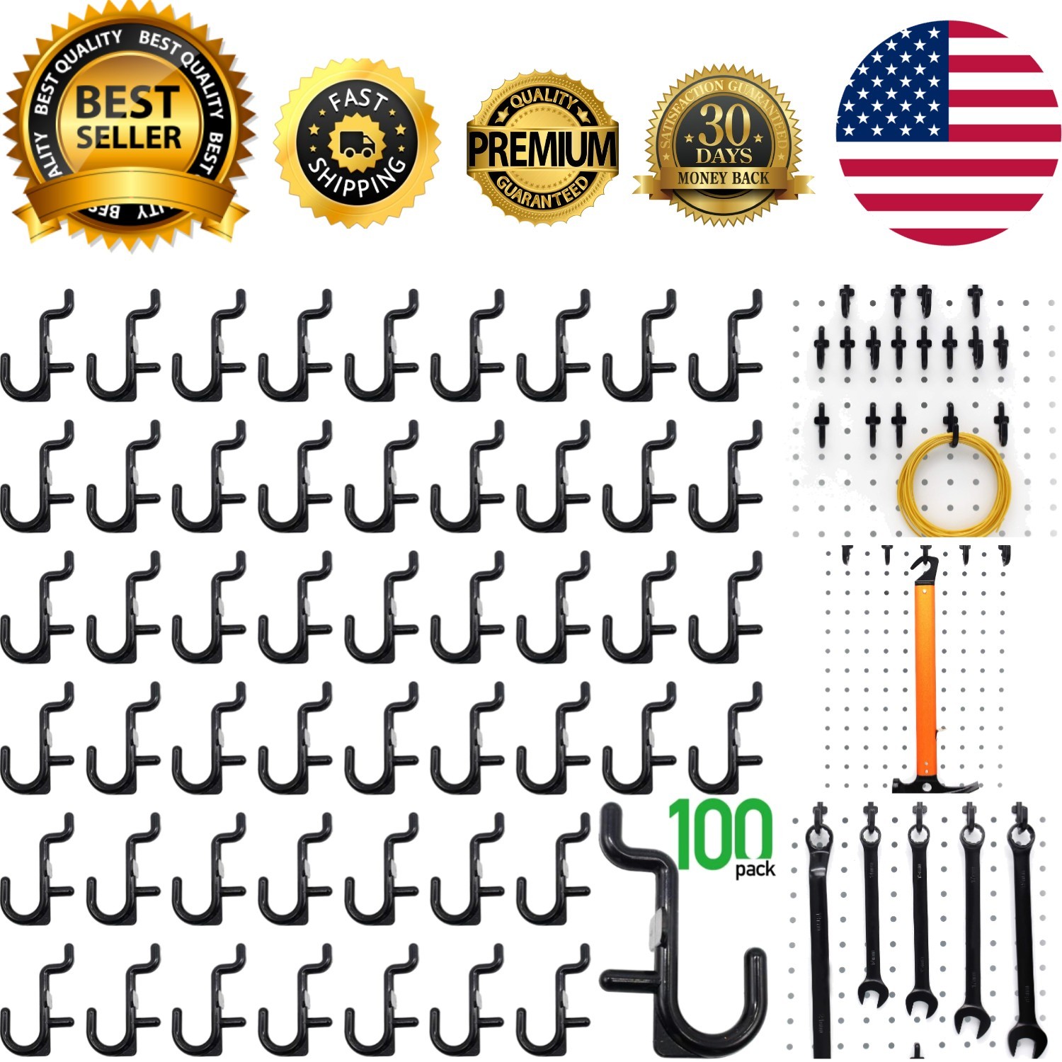 100 Count J Hook Assortment for Pegboards - Black Metal with Easy Installation