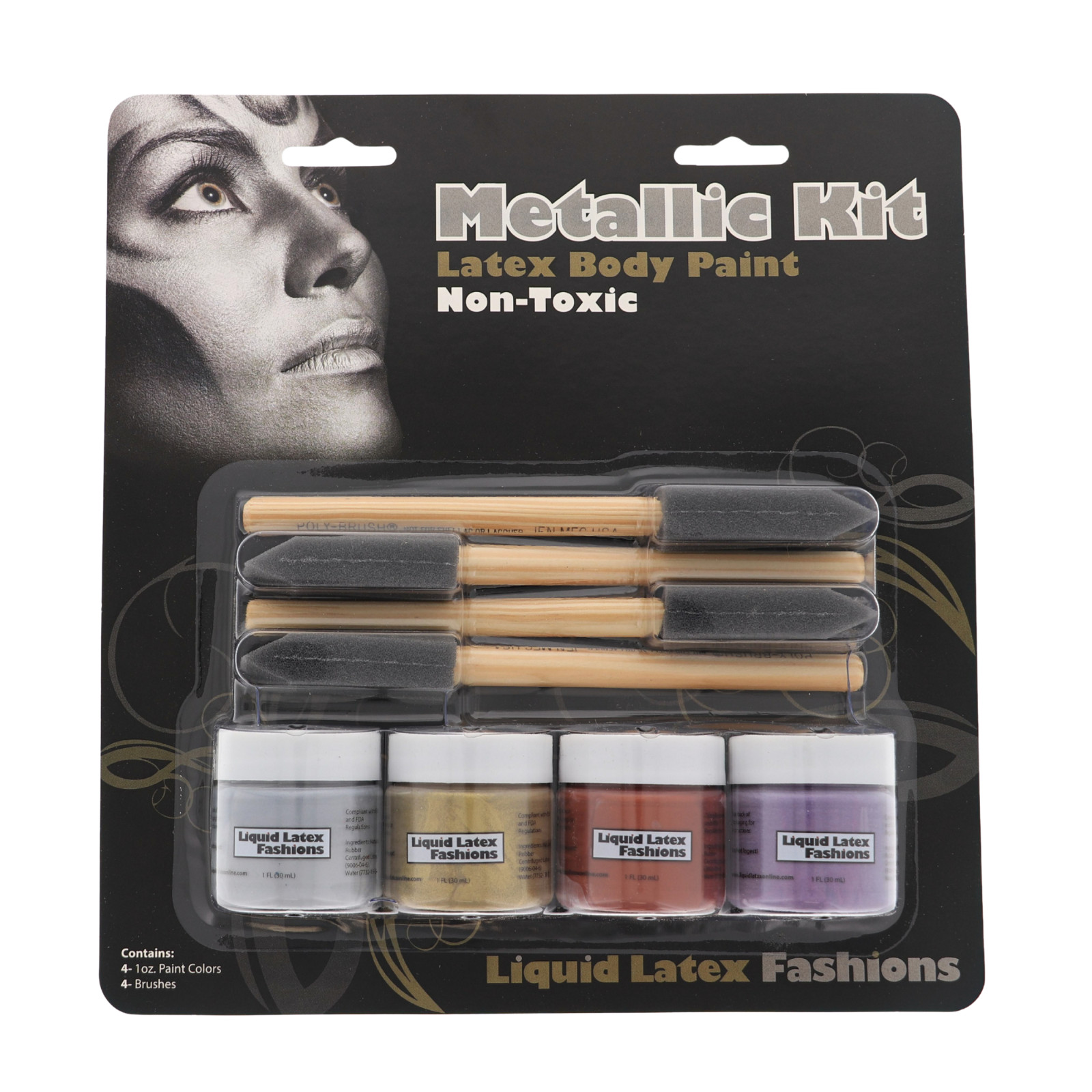 4-Pack Metallic Liquid Latex Kit–Four 1 oz Silver, Gold, Copper &Purple+2brushes
