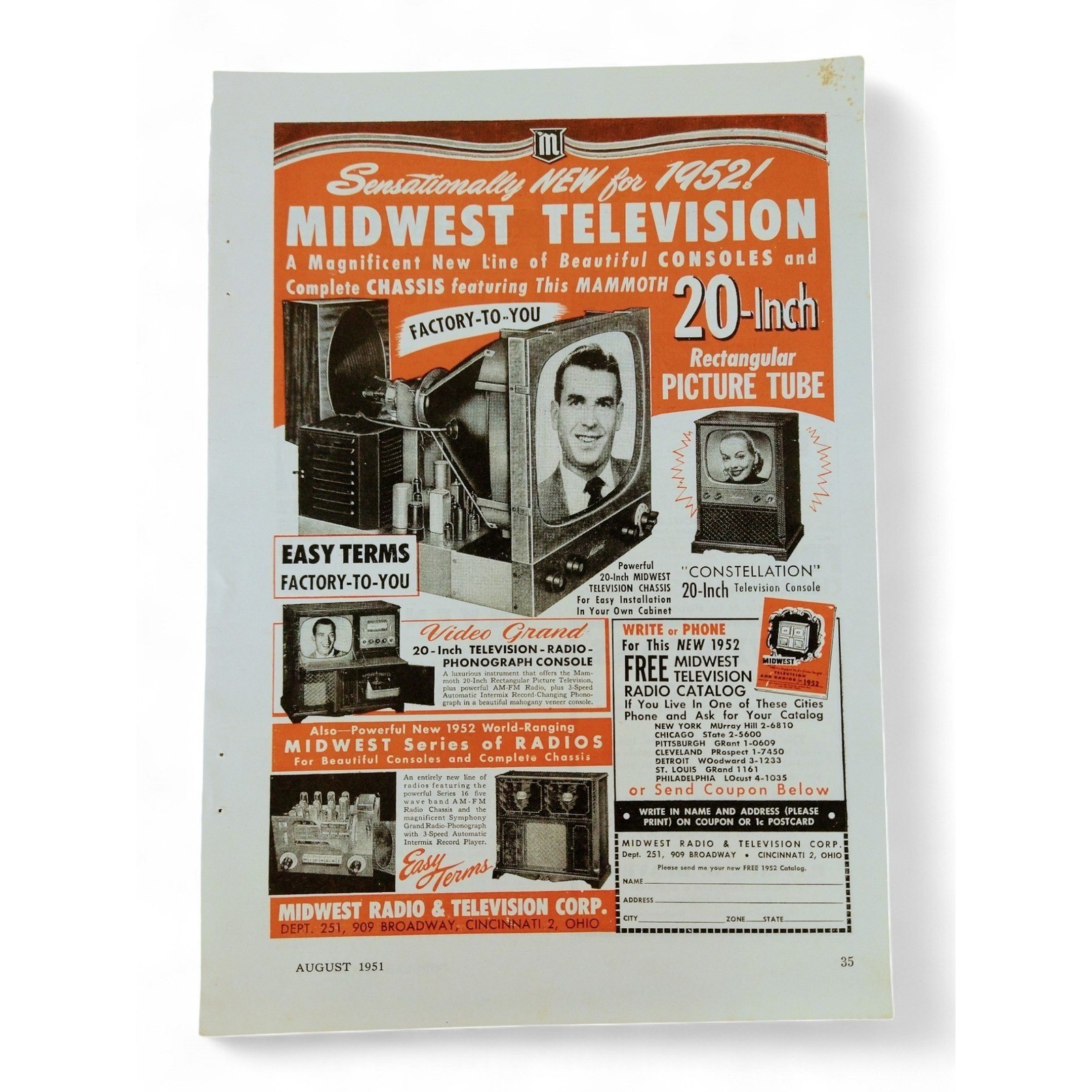 1951 Midwest Television Print Ad 20-Inch Picture Tube Console Factory-to-You MCM