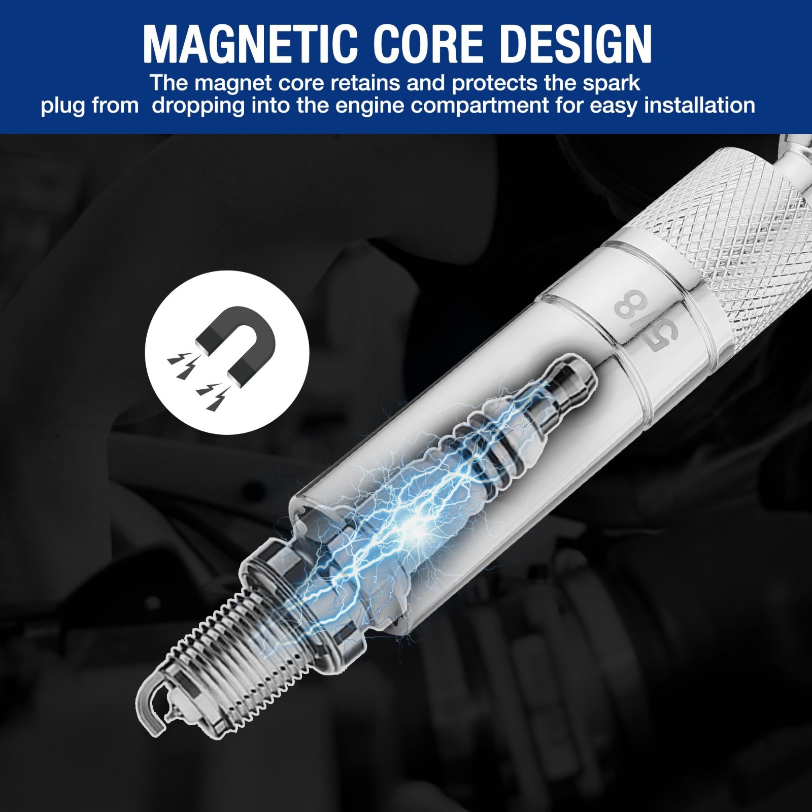 7 PCS Magnetic Swivel Spark Plug Socket Set - 9/16", 5/8", 13/16", 14MM, Extensi
