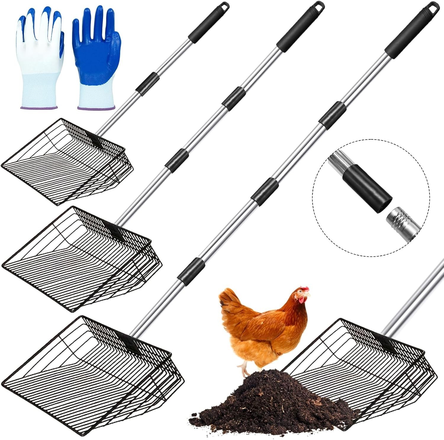 "Chicken Poop Scooper & Rake 4-in-1 Stainless Steel Coop Shovel 10 inches Sand S