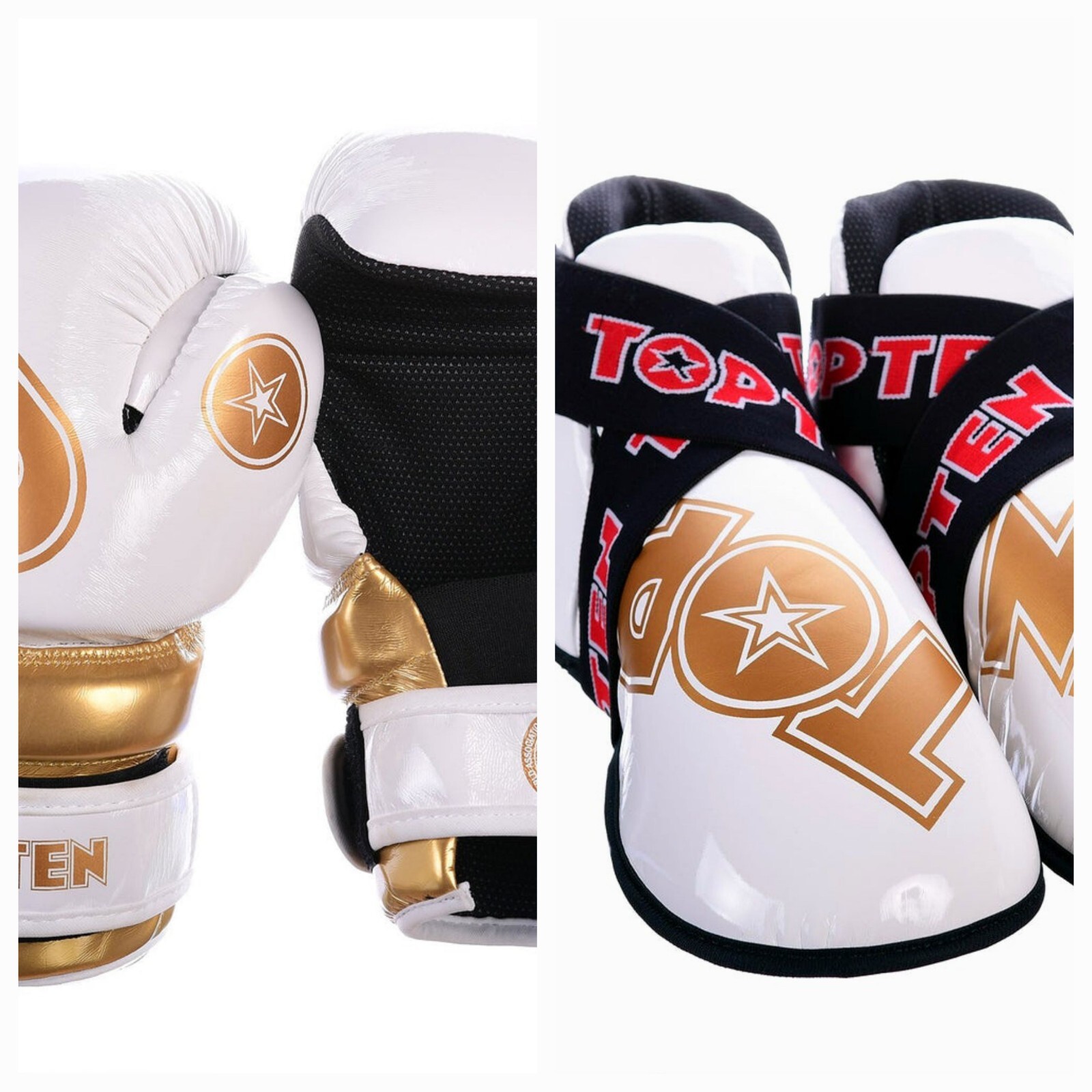 TOPTEN SUPER-LIGHT WHITE GOLD Glove Boot Switch strap KARATE TKD SAFETY GEAR SET