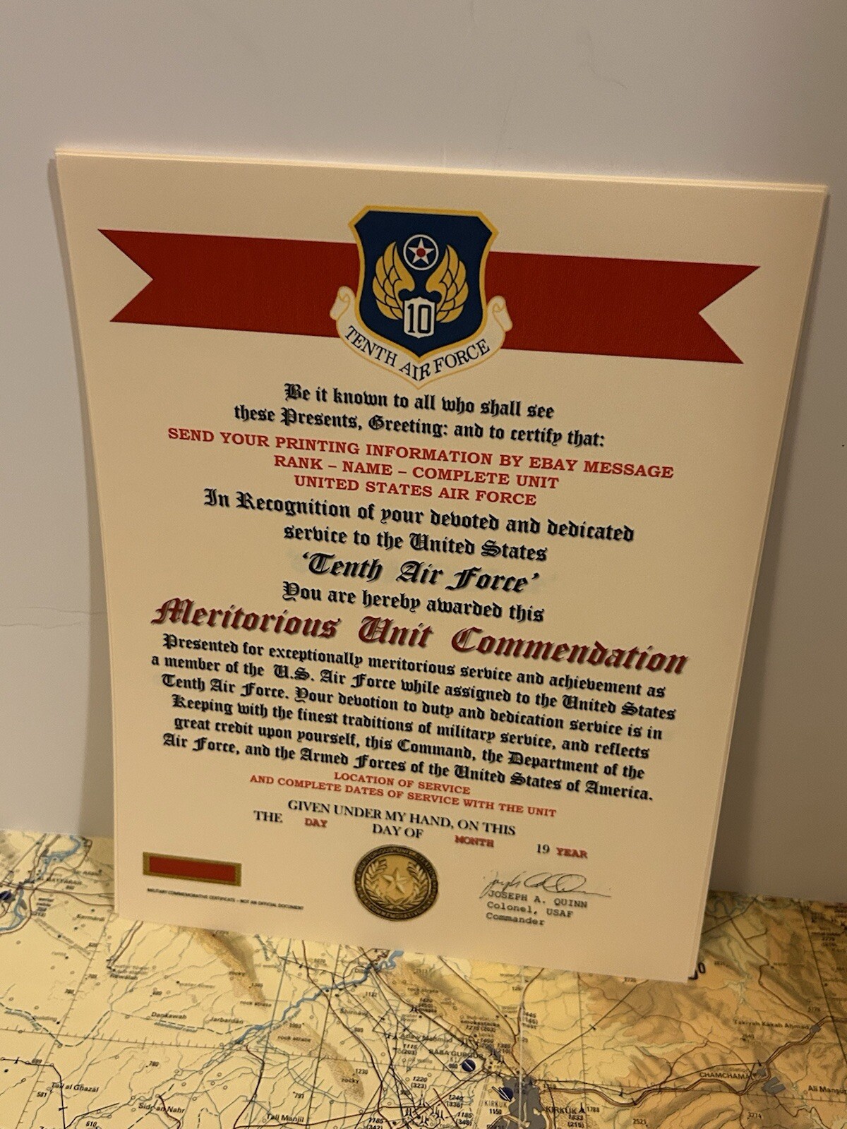 U.S. AIR FORCE / 10TH AIR FORCE - MERITORIOUS UNIT COMMENDATION CERTIFICATE