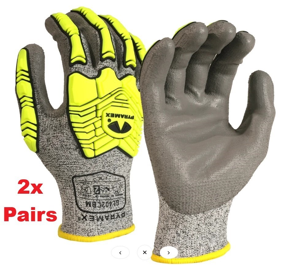 2 Pair Pyramex Work Gloves Cut Level 1 Impact Gray LG A4 Cut Hi Vis Rubber Palm