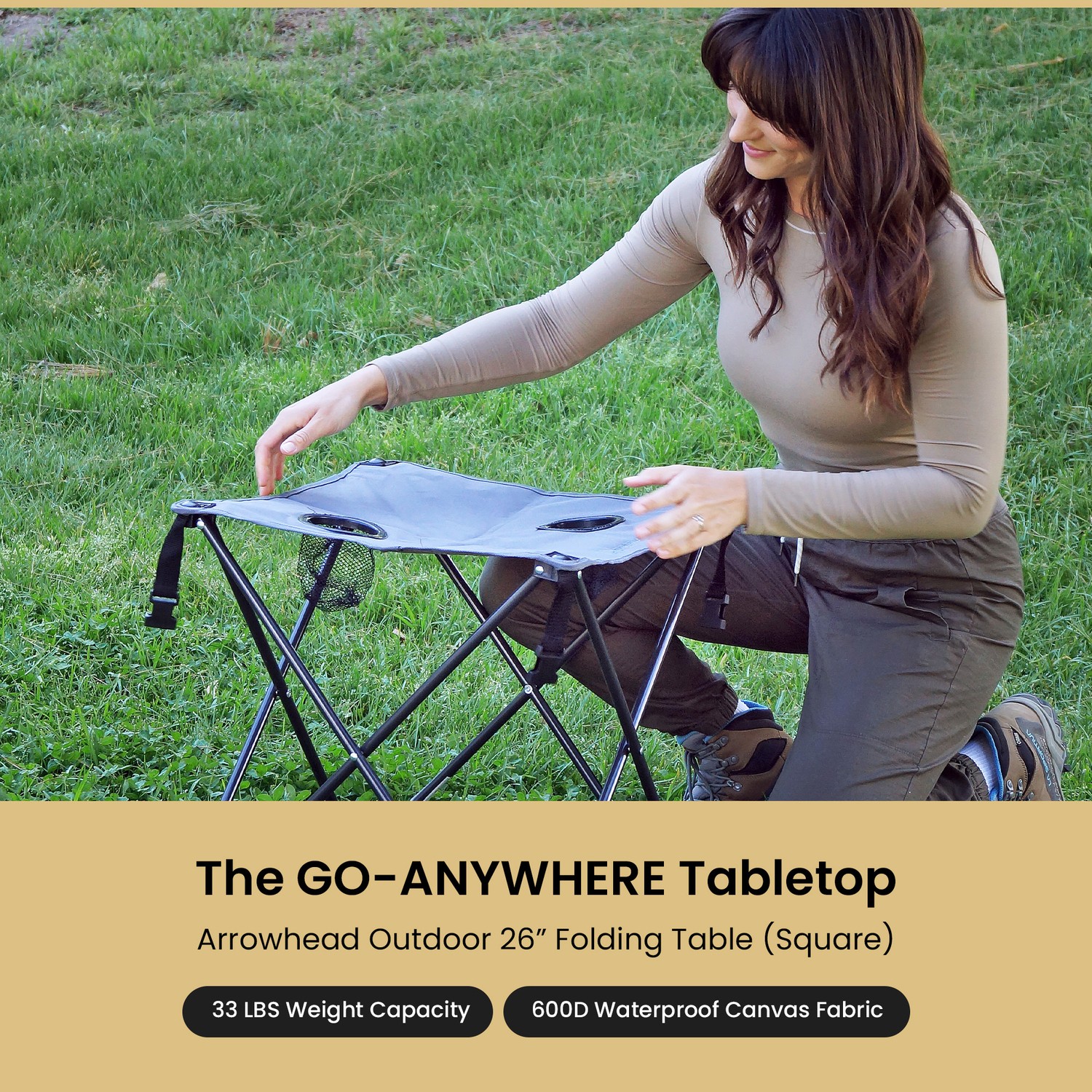 Portable Folding Camping Table 18.5" x 18.5", 2 Cup-Holders, Carry Bag