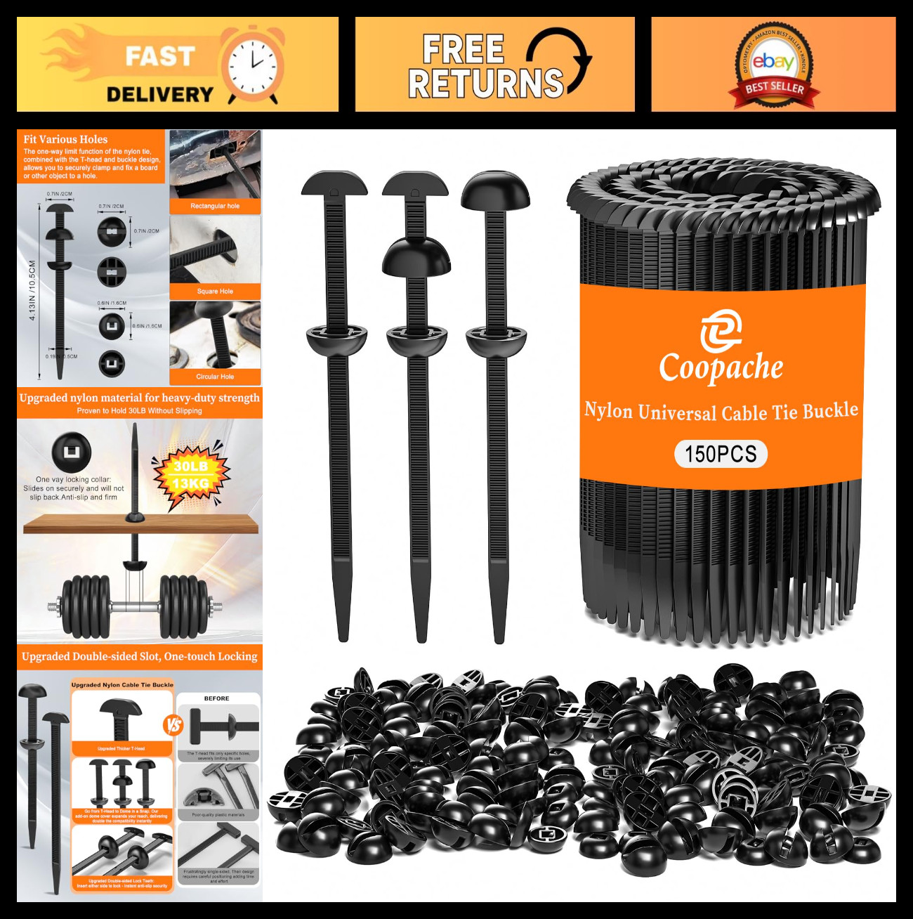 Heavy Duty Nylon Cable Tie Buckles, Automotive Zipper Clips, 150 PCS Black Faste