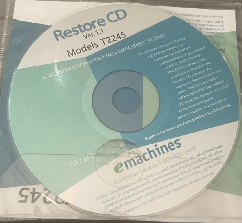 eMachines Restore CD T2245 Version 1.1 Models T2245- 2 Disc Set for Desktop PC