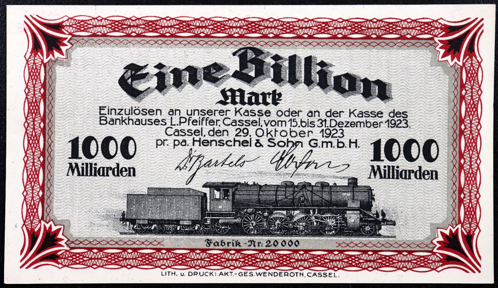 CASSEL / KASSEL 1923 XX-RARE "Henschel & Sohn" 1 TRILLION MARK Train Notgeld