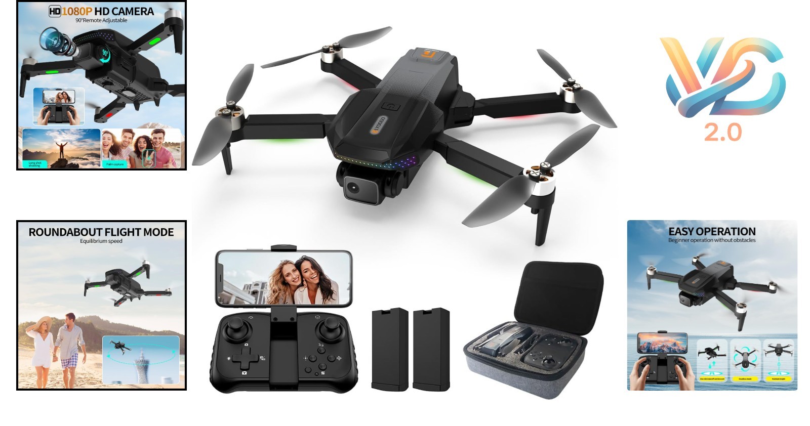 1080P Camera Drone Foldable Quadcopter with 2 Batteries Carrying Case