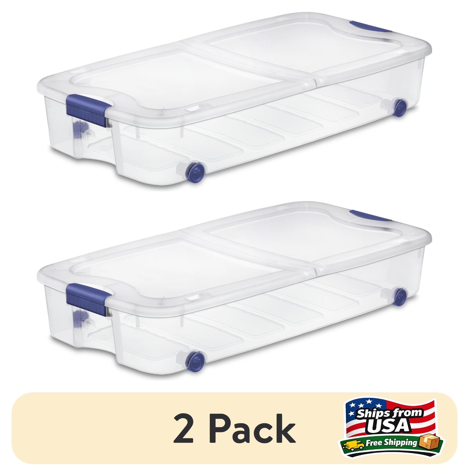 (2 pack) Sterilite 66 Quart Latching Underbed Wheeled Storage Bin, Clear Plastic