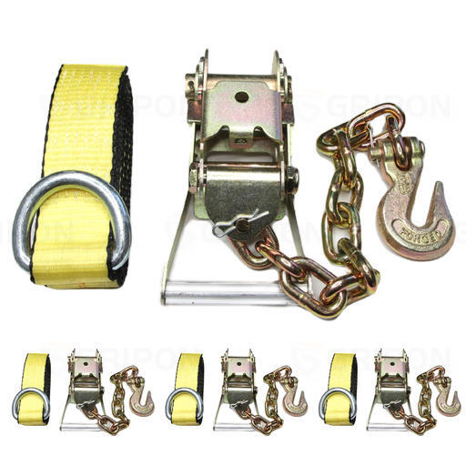 GRIPON (Pack of 4) 2in Ratchet G70 Chain Hook Tie Down with 2" x 8ft Lasso Strap