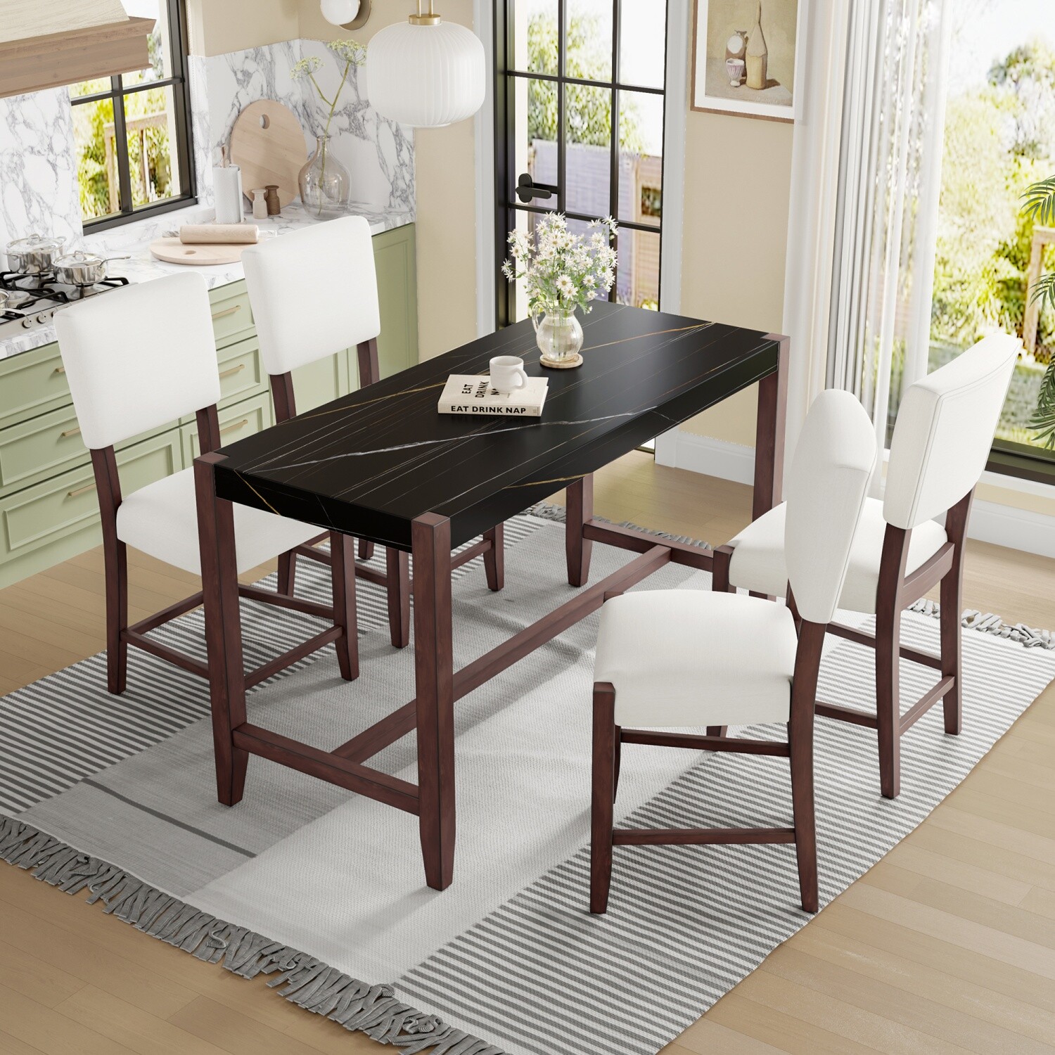 5 Piece Dining Table Set Rectangular Table with 4 Upholstered Chair w/ Wood Legs