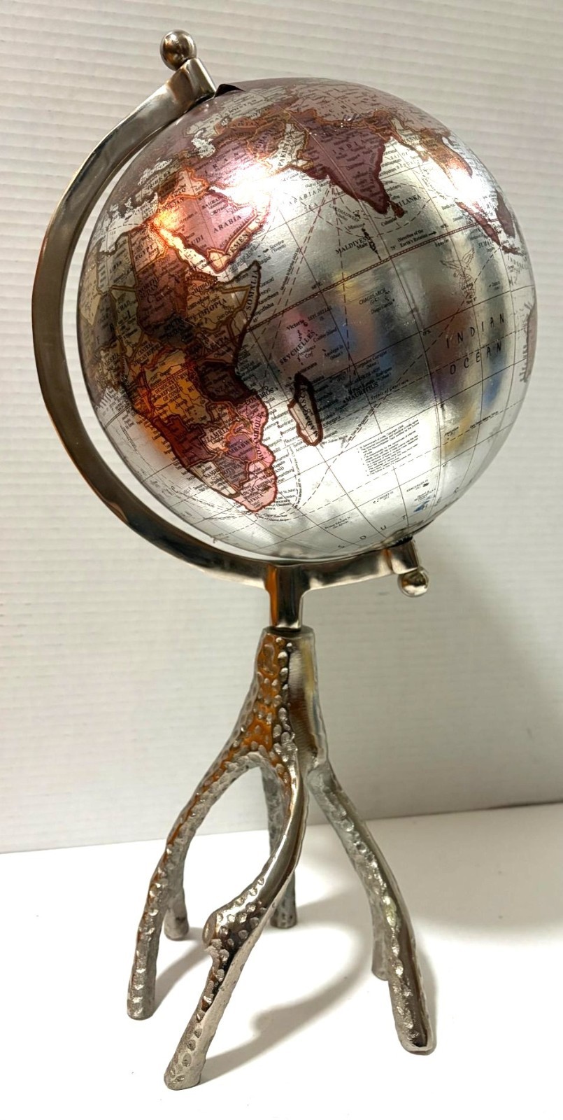 Silver Globe With Detailed Map Design And Antler-Inspired Base Metal Stand 18" T