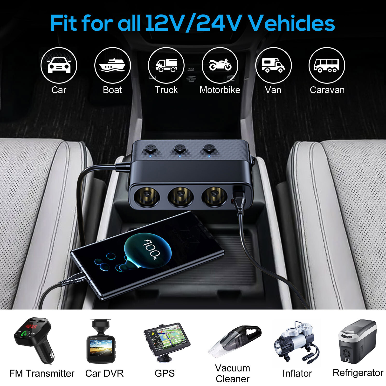 3 Way Car Cigarette Lighter Socket Splitter USB Fast Charger Power Adapter 12V