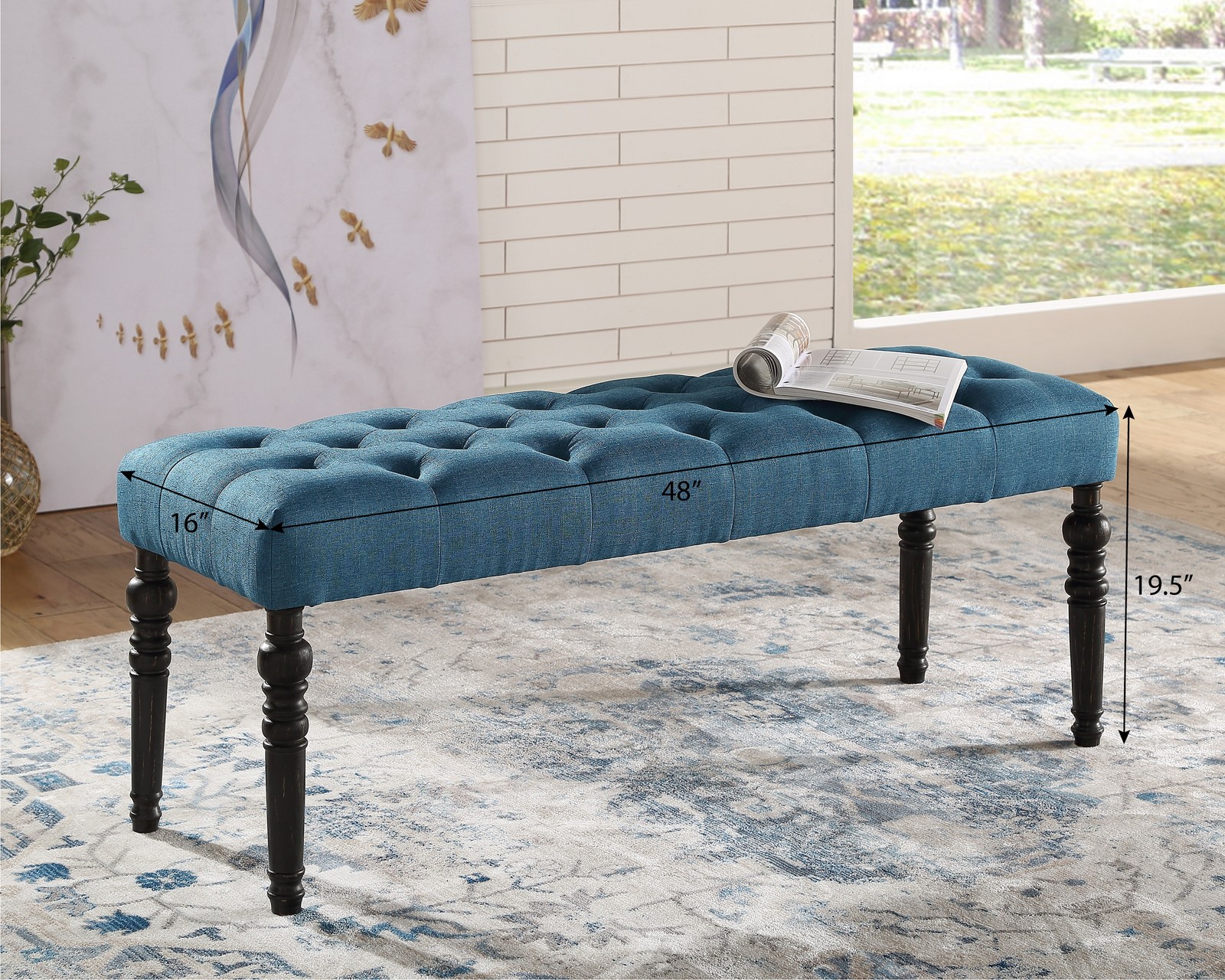 Leviton Fabric Tufted Turned Leg Dining Bench, Blue