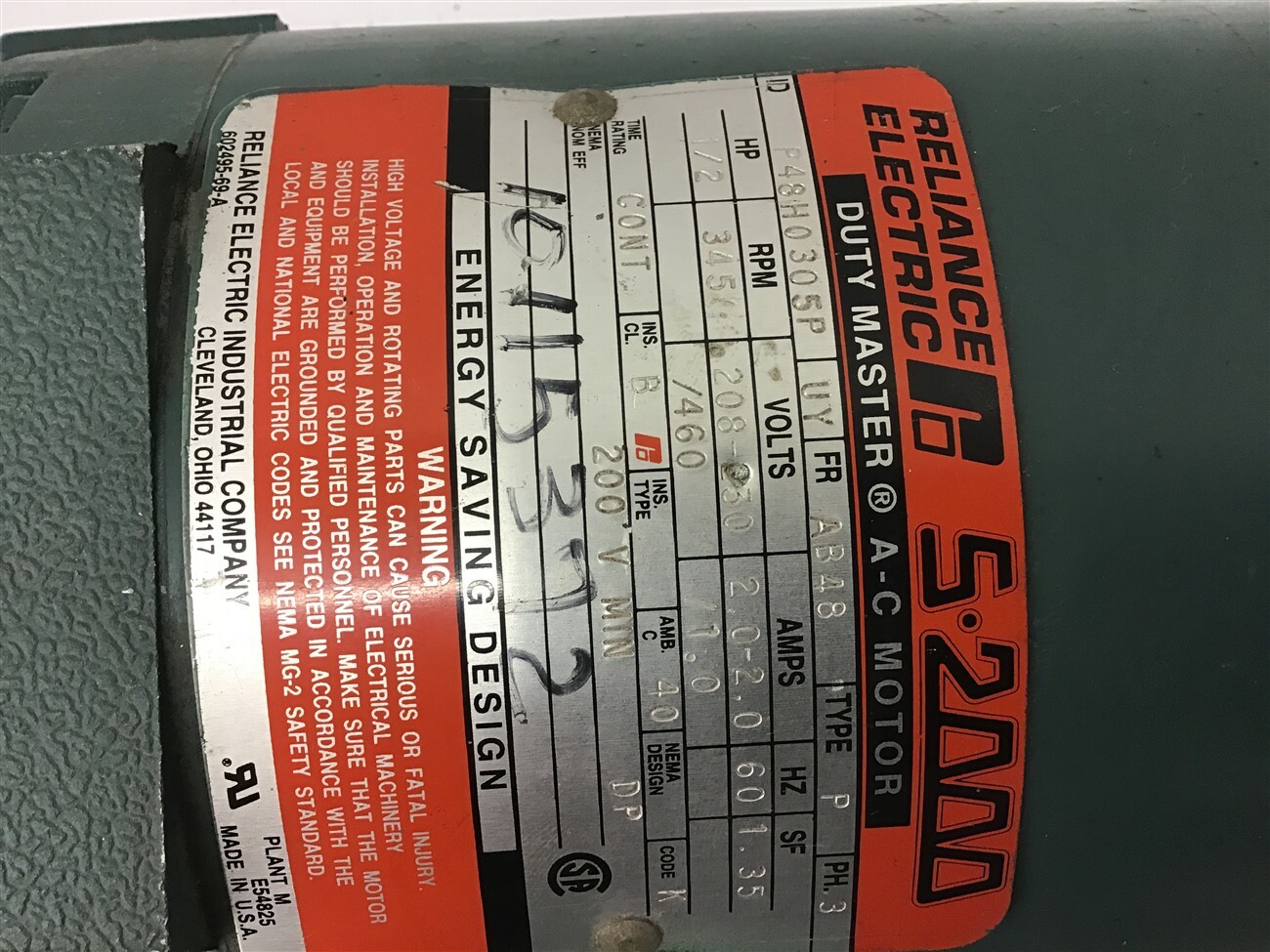 Reliance P48H0305P 1/2 HP AC Motor 208-230/460 volts 3600 Rpm 2P 48 Frame