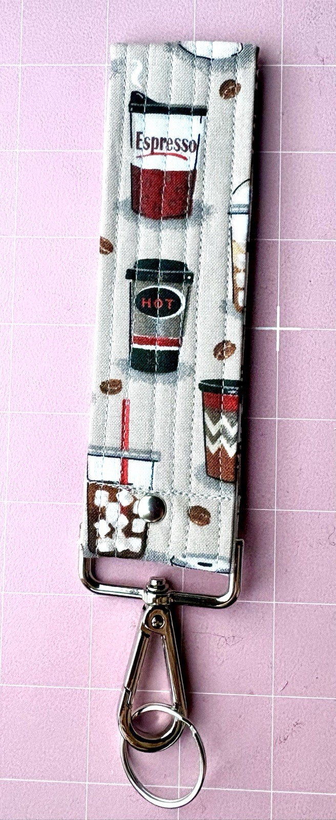 Wristlet Key Fob Swivel Lobster Clasp Coffee Themed 1.75” Wide  Lanyard Cups