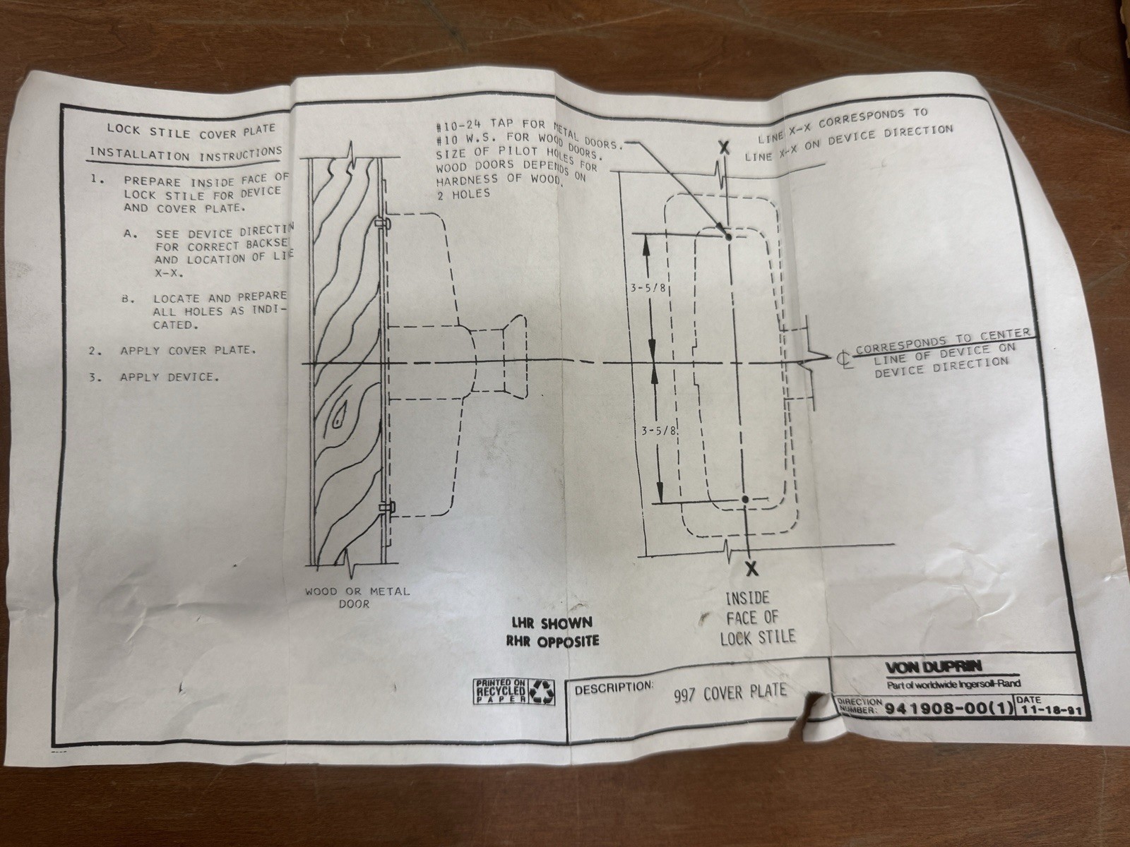 Allegion Von Duprin 997 Cover Plate SP28 Exit Device