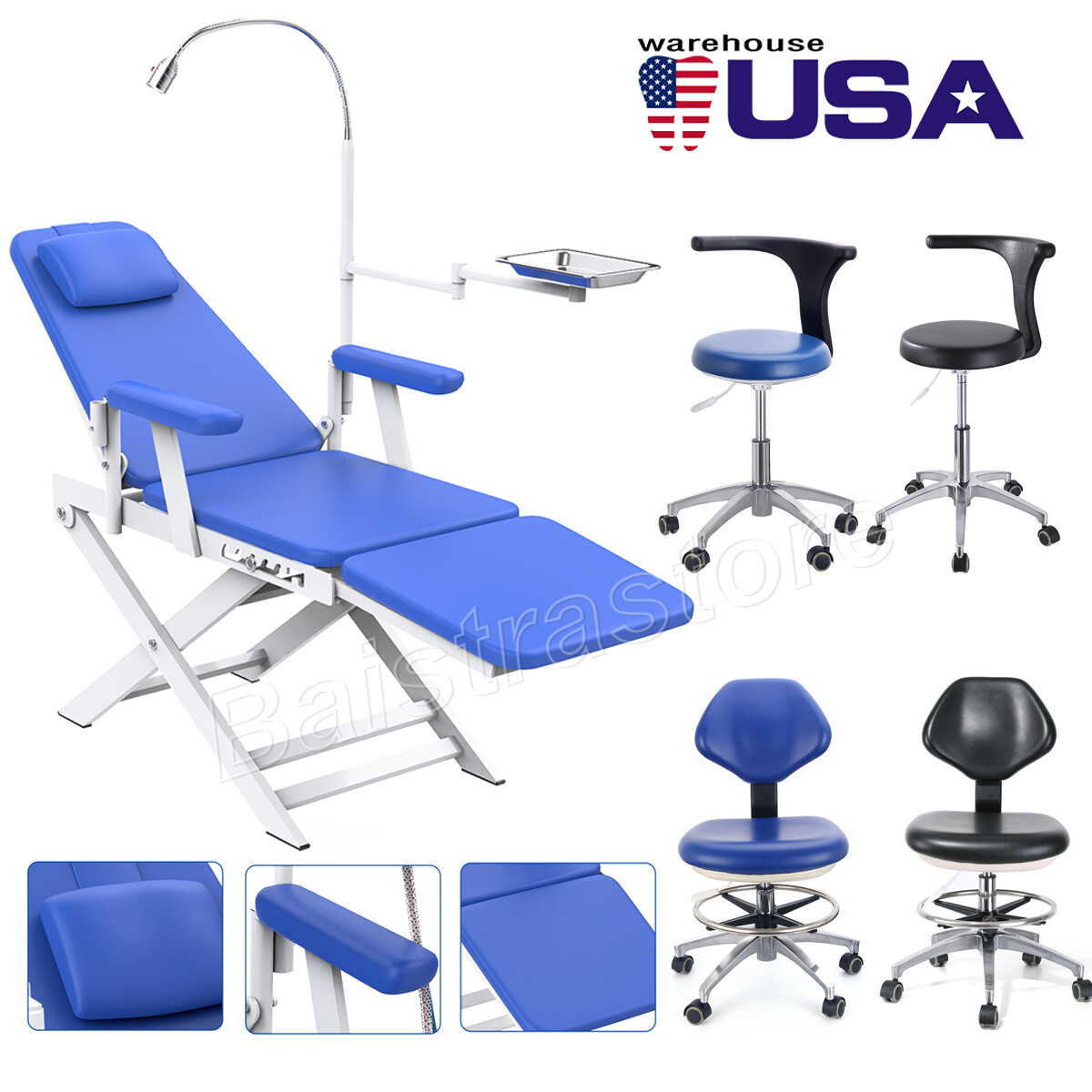 Dental Mobile Assistant Stool & Folding Exam Chair with LED Light PU Leather