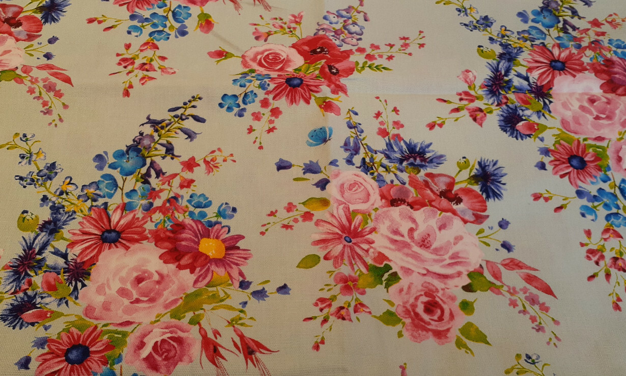 2 Yards Cotton Duck/Home Decor Fabric *Teal Floral Bouquet & Butterflies 