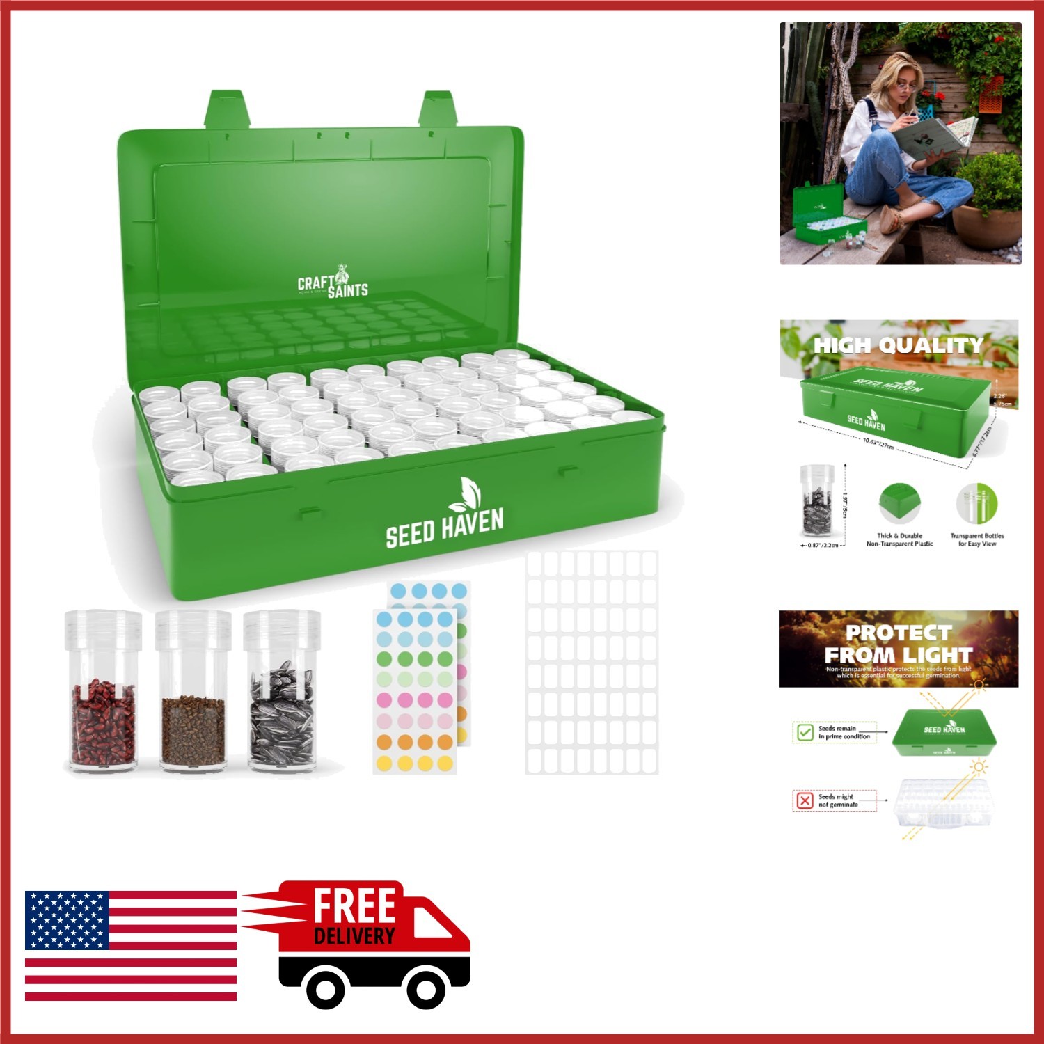 Green Seed Storage Box with 60 Transparent Bottles and Labels for Easy Access