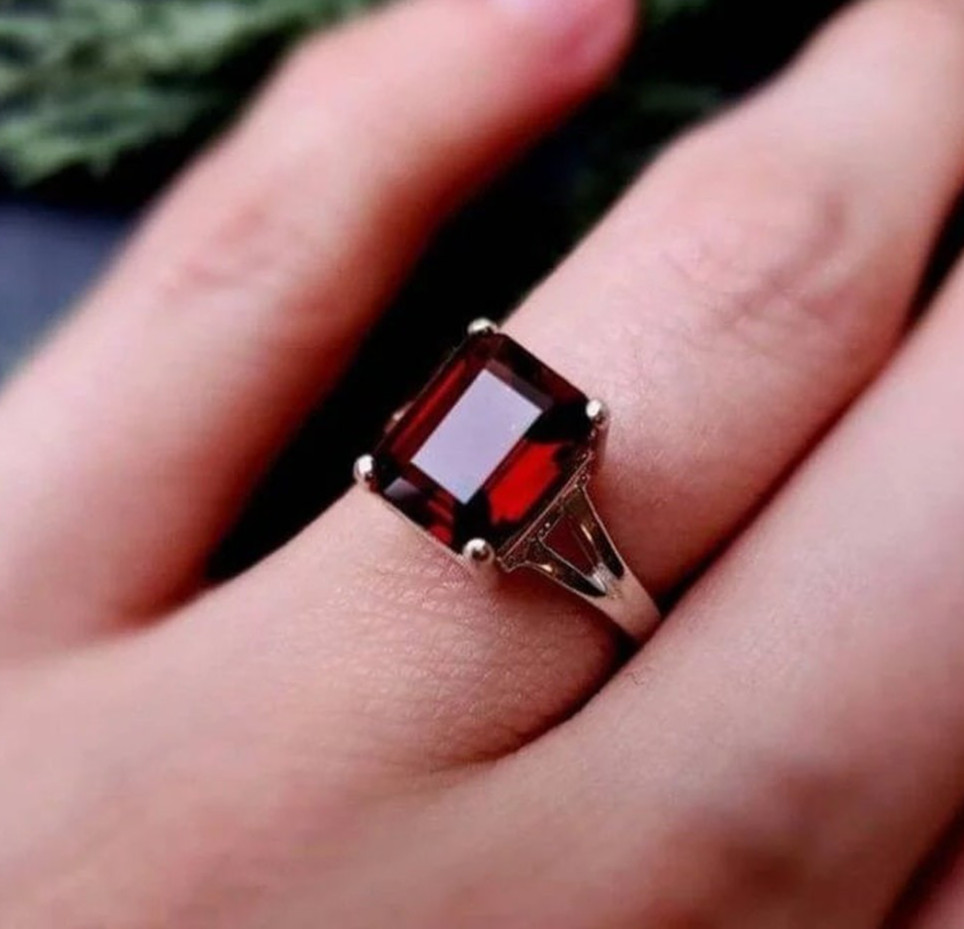 Emerald Cut Garnet Ring, 925 Sterling Silver, Natural Gemstone Handmade Ring