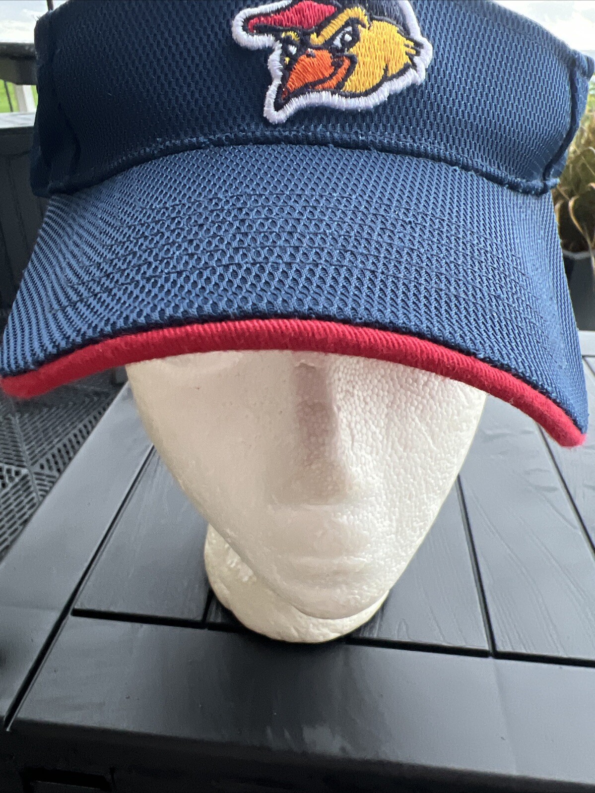 Toledo Mud Hen’s Logo on Minor League Baseball Visor Hat Red Blue Hook Loop EUC
