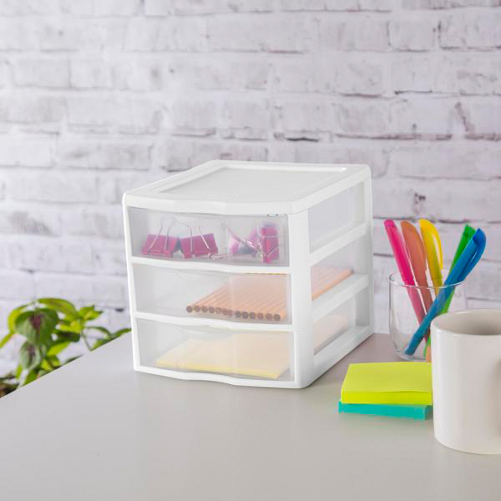 Sterilite ClearView Plastic Small 3 Drawer Desktop Storage Unit, White, 6 Pack