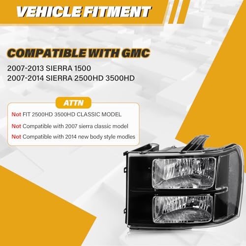 Headlight Assembly Compatible with GMC Sierra Black Housing White Reflector