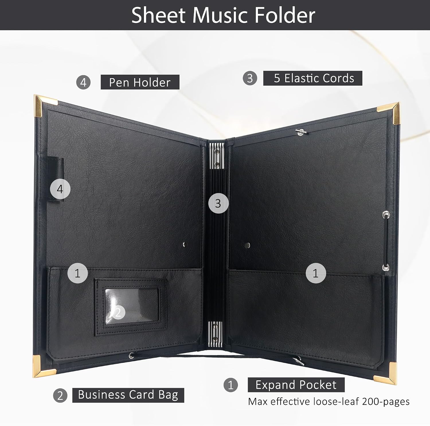 PU Leather Sheet Music Folder, 12.5" X 10" Choir Folder with Elastic String & Ha