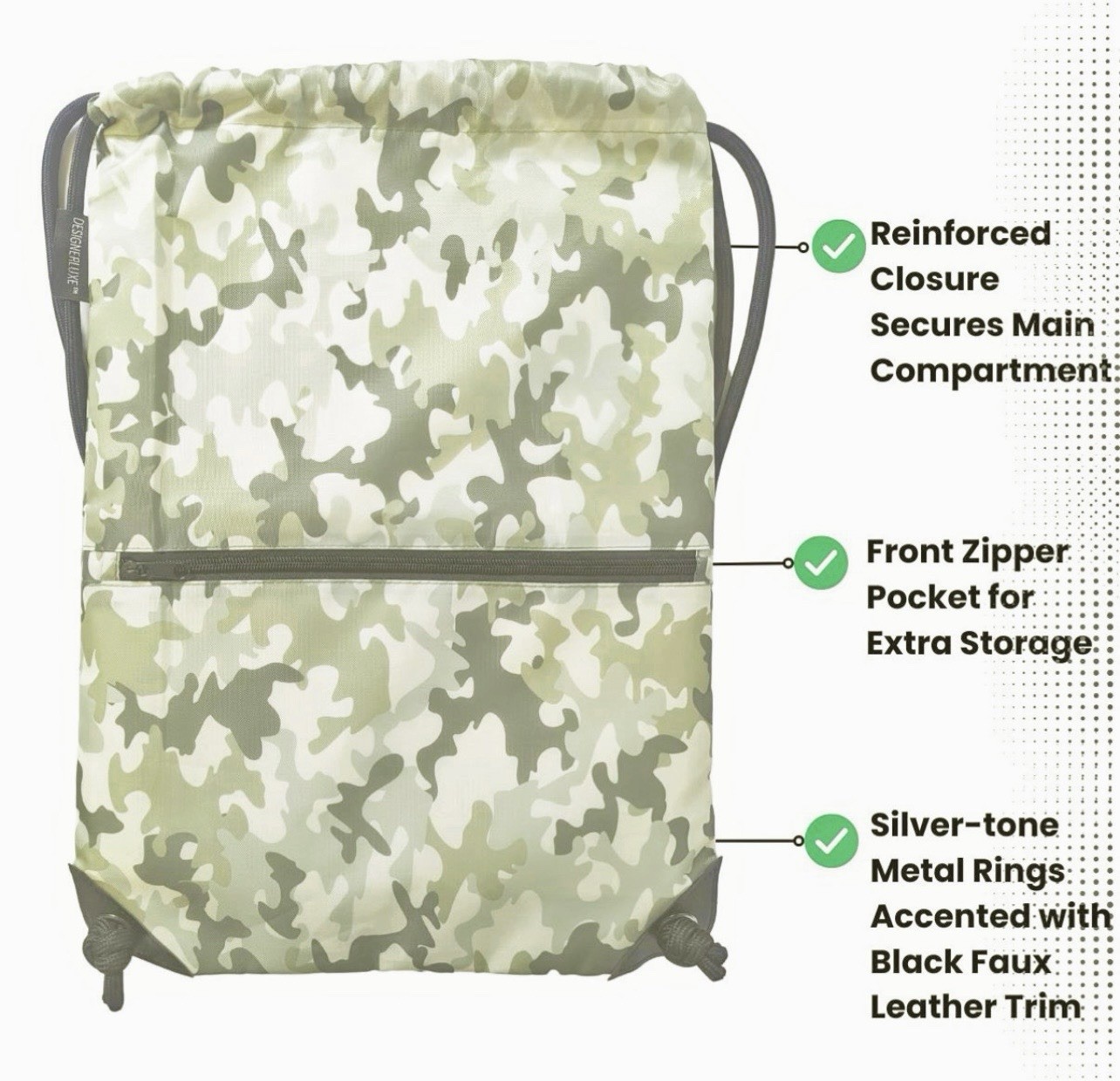 Camo Drawstring Backpack Gym Bag Water Resistant Sackpack w/Zipper Pocket NWOT
