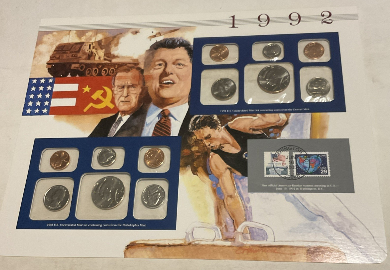 1992 P/D Uncirculated Mint Set Postal Commemorative Society Coin & Stamps
