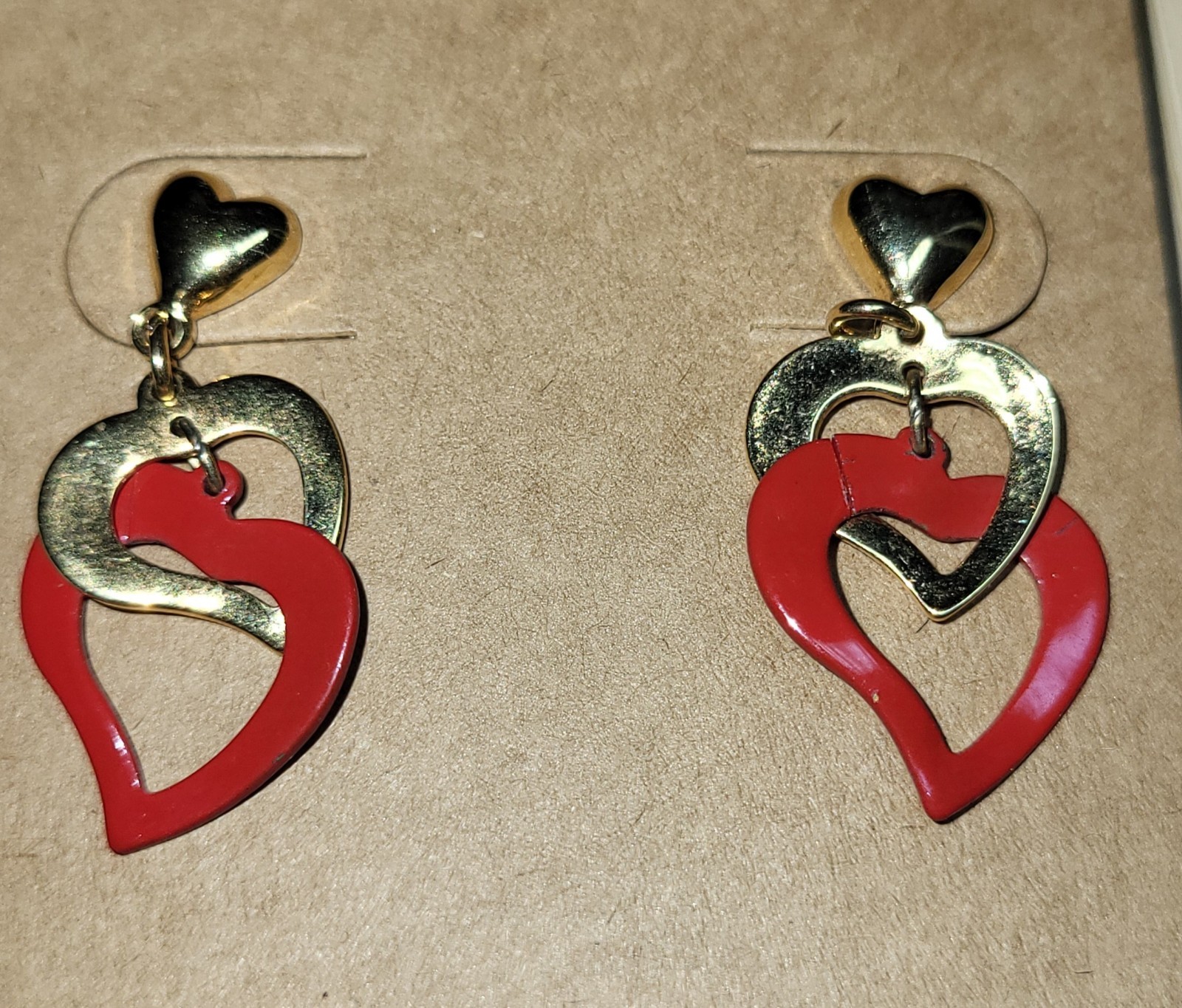 Goldtone And Red Enamel Heart Dangle Drop Earrings 1 1/4" Long Good Condition