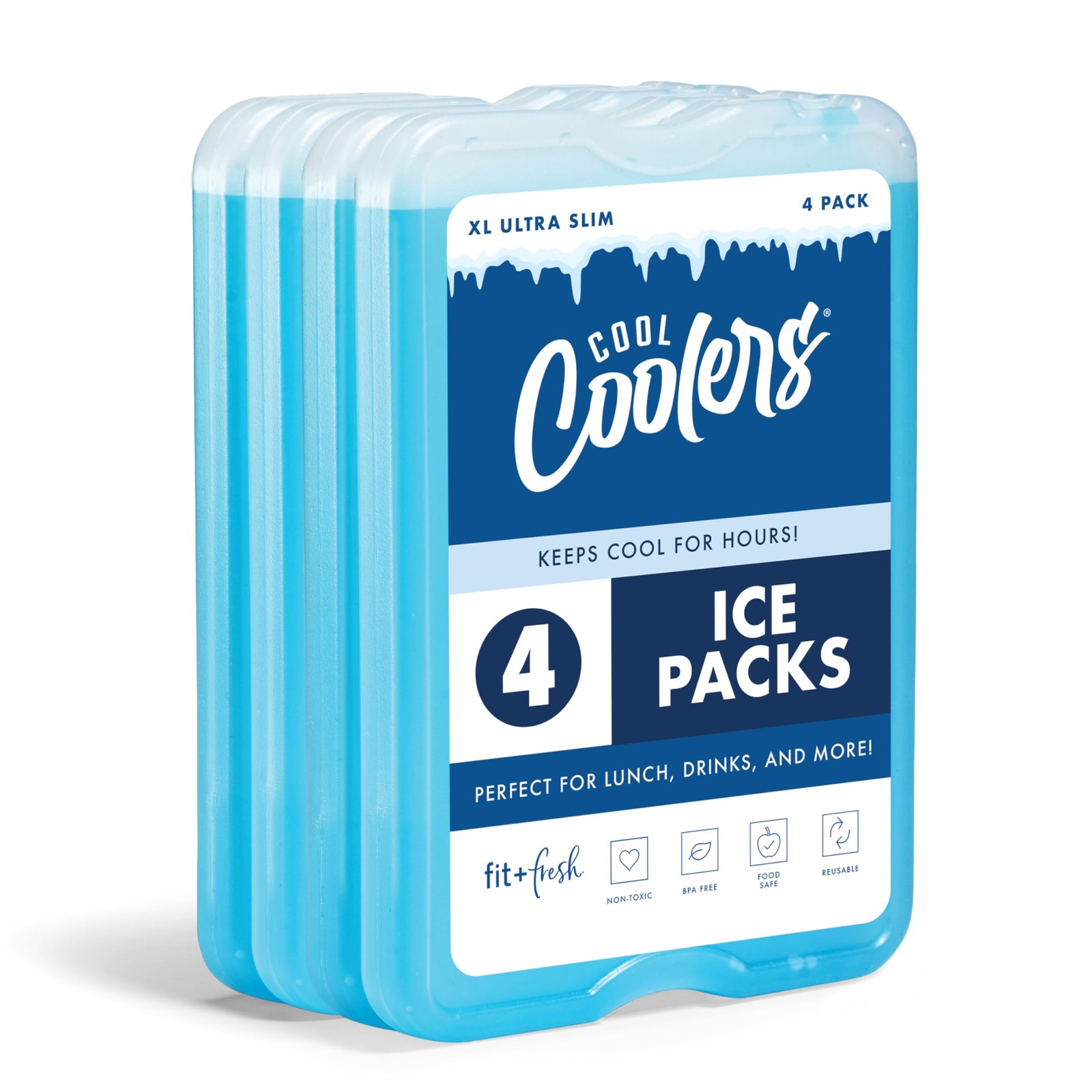 Cool Coolers by Fit & Fresh 4 Pack XL Slim Ice Packs, Quick Freeze Space Saving