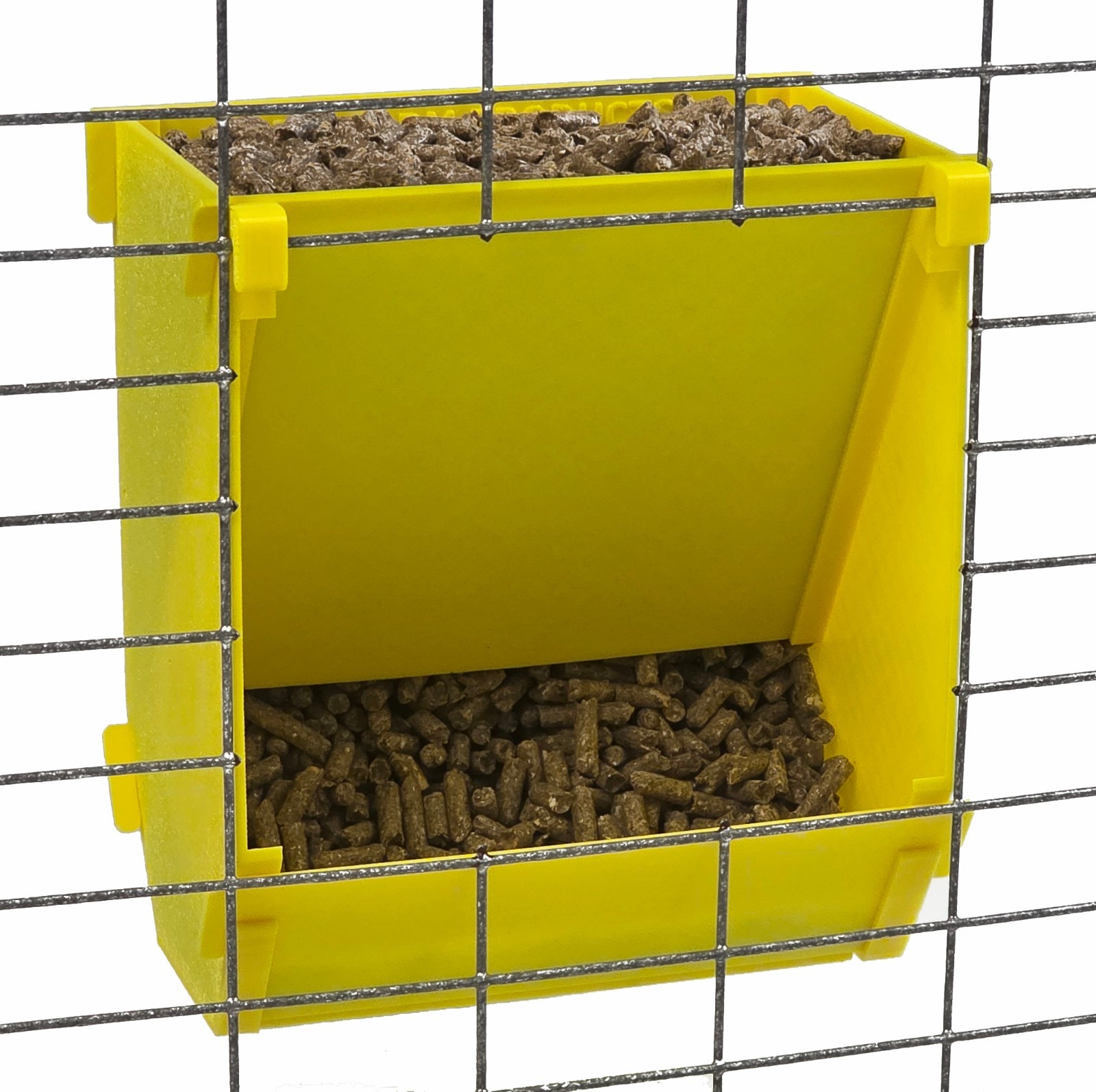 Yellow USA Made 6-Inch Cage Hanging Rabbit Feeder with ID Tag for Rabbit Pellets