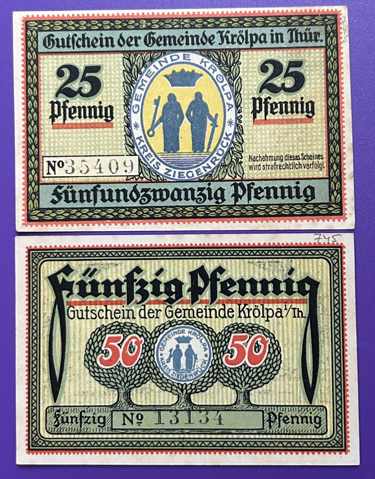 Germany. Notgeld.   Krolpa in Nfur  25, 50  Pfennig   1921