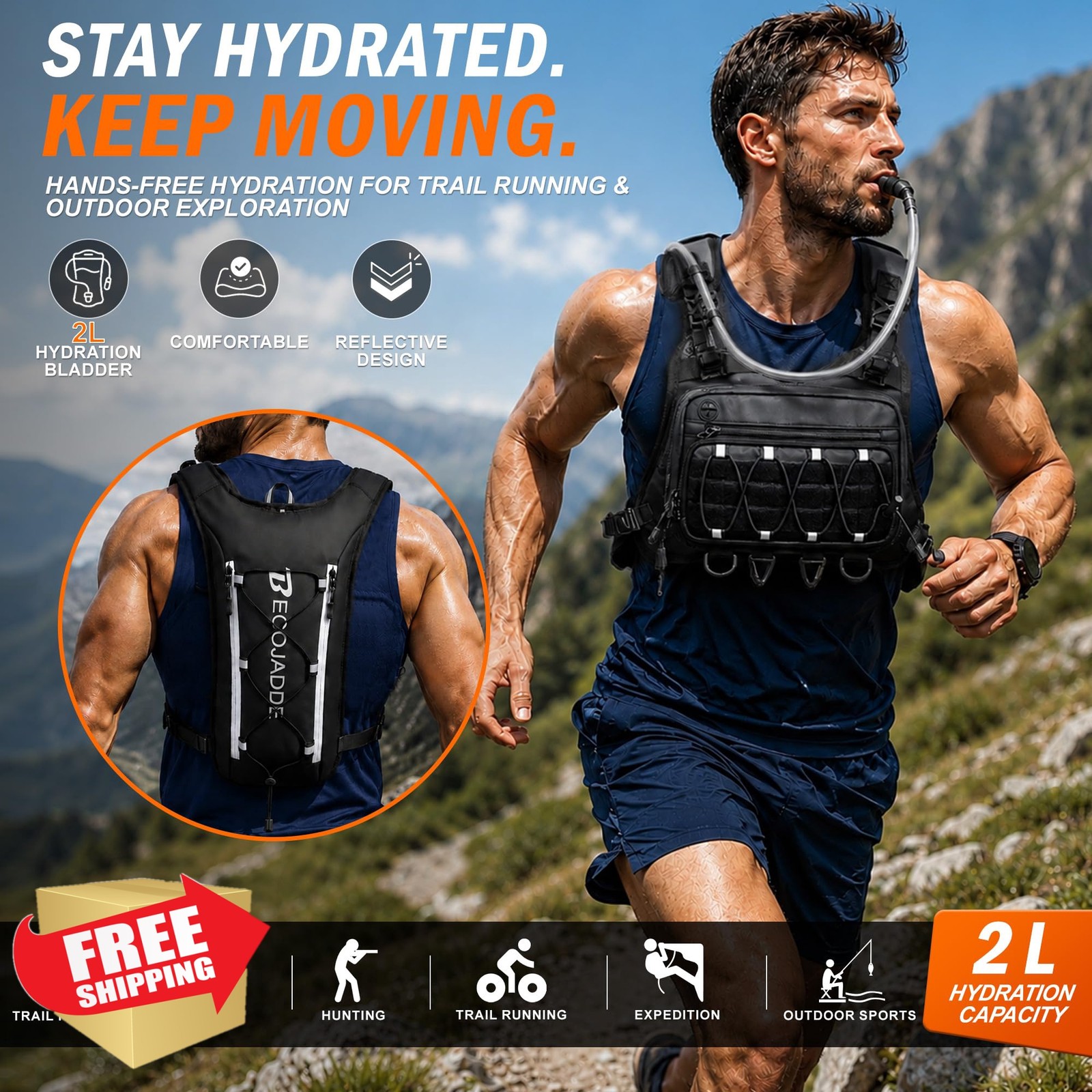 BECOJADDE Running Vest Black Hydration Pack 2L