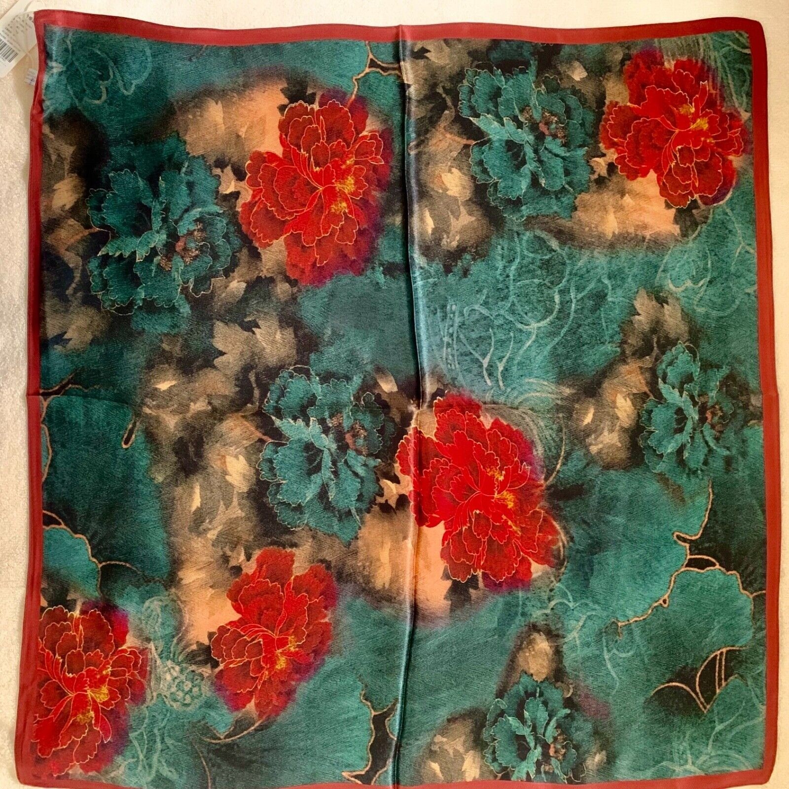 26"X26"Red Peony Print Pure Mulberry Satin Silk 12momme Scarf 65x65cm 6-24