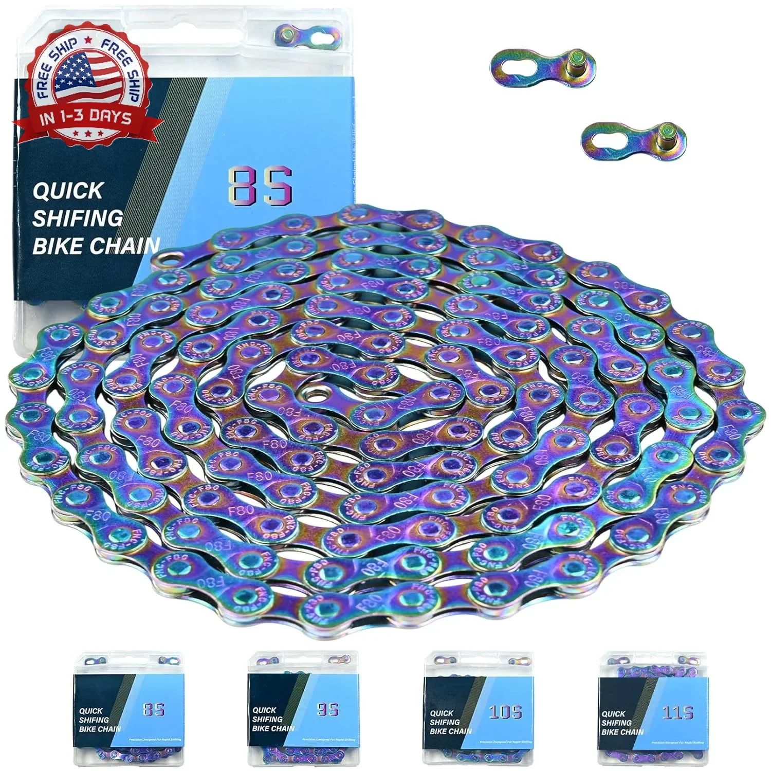 Rainbow 8 Speed Bike Chain, 1/2" x 3/32" 116 Links for Road Bike Mountain Bike (