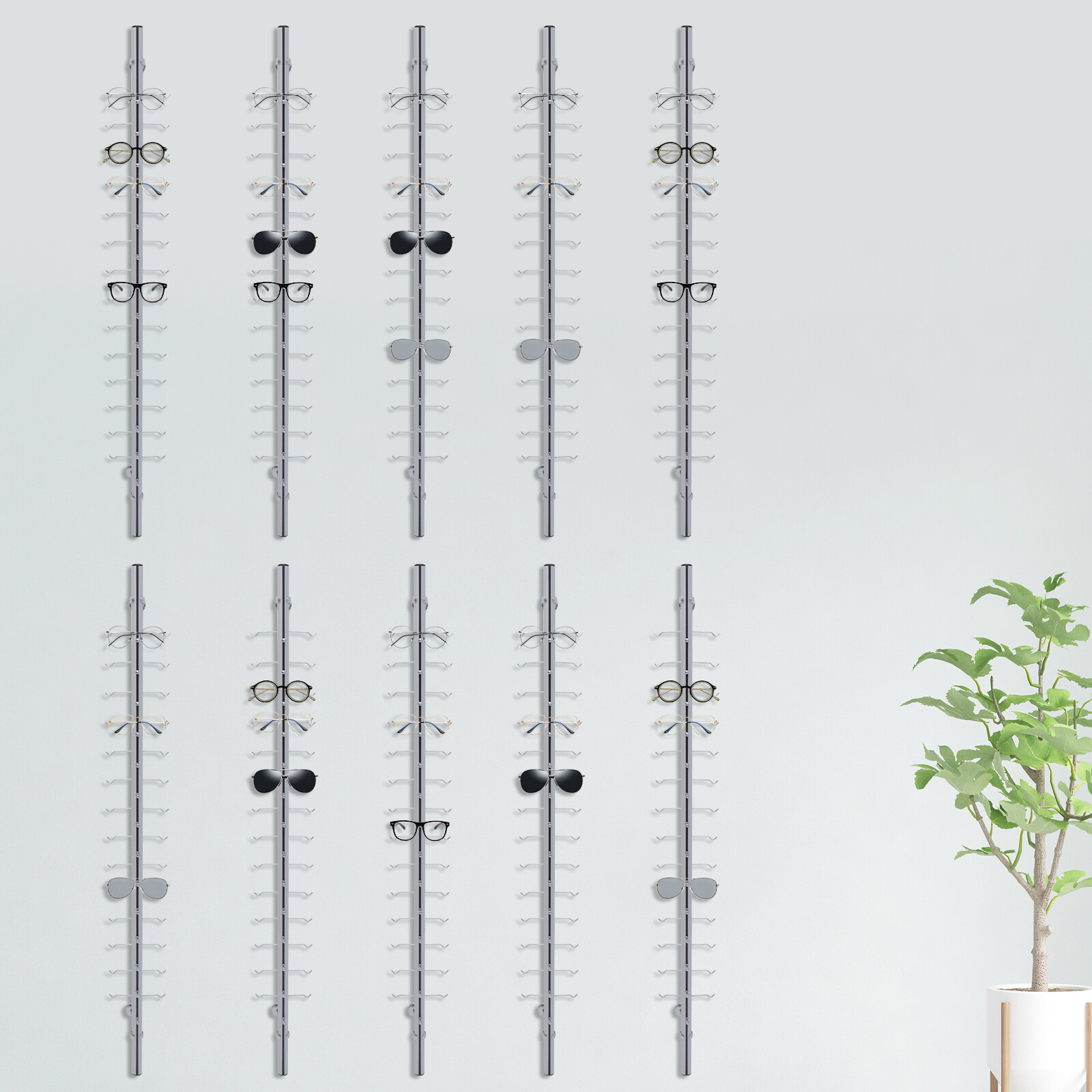 10pcs Aluminium Eyeglass Display Rod Rack Wall-Mounted Sunglasses Storage Frame