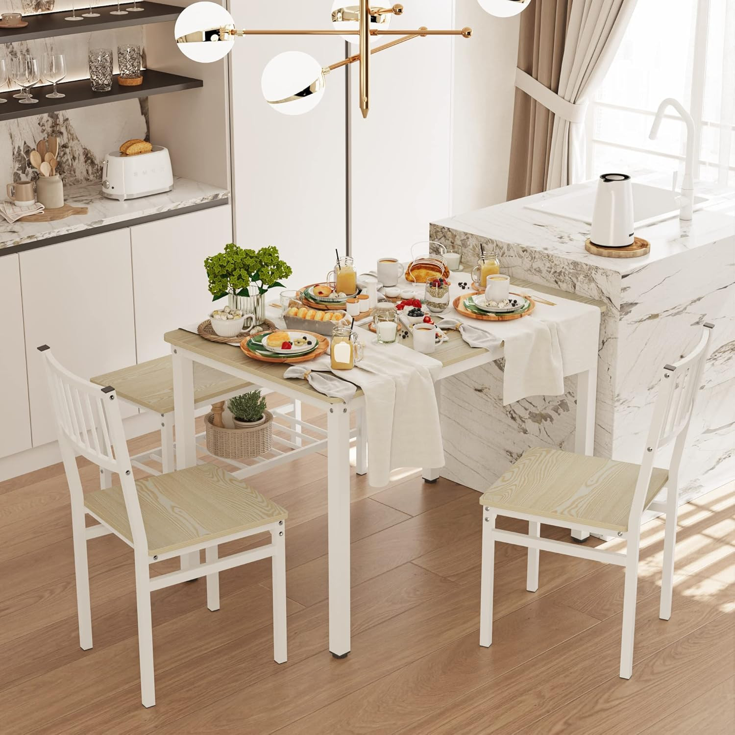 Beige 4-Piece Dining Table Set with 2 Chairs and Bench, 110CM